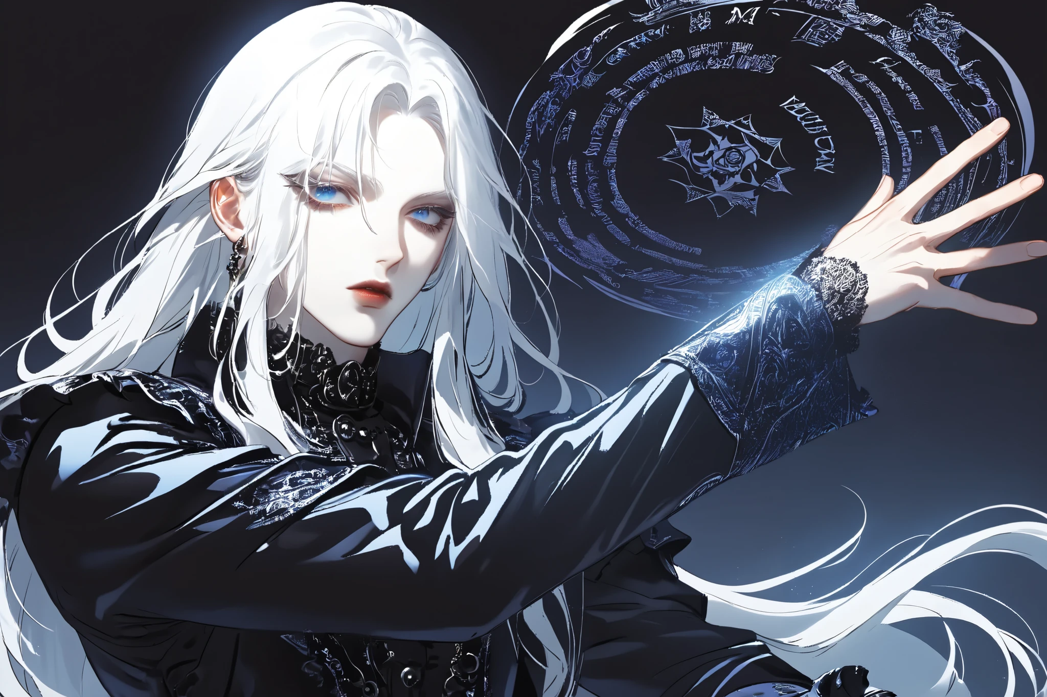 Man with white hair , pale skin, blue eyes, solo, Long hair, jewelry, masterpiece, high quality, Contemptuous look , Strictness, Dutch corner, Shine, background defocus, Fluorescence, ray tracing, illustration, Gothic, dark magician, The Magic Tower, black magic , spell map , white hair, dynamic pose