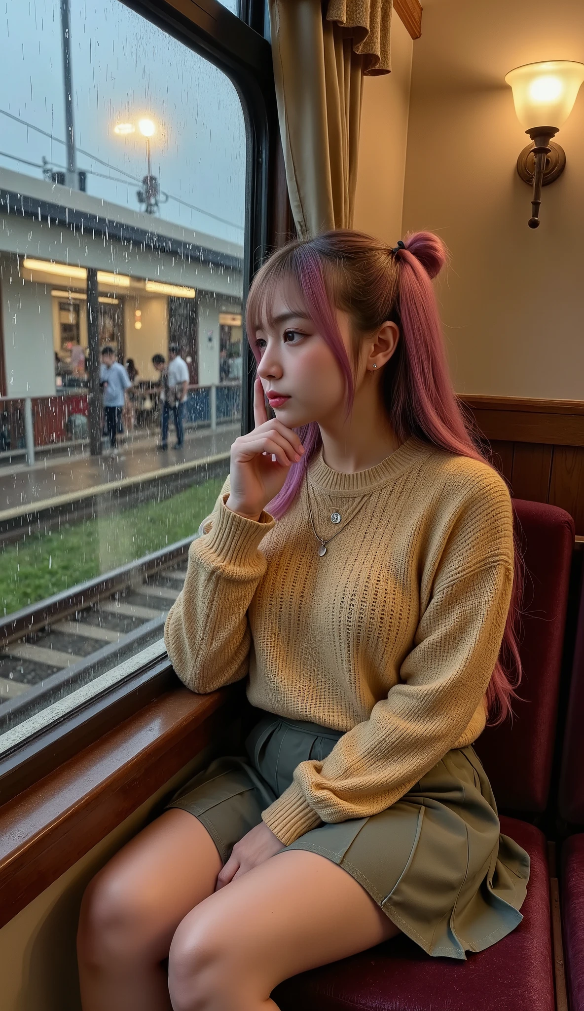 A Japanese gyaru girl sitting on a train during a rainy spring evening, wearing a cozy sweater and a pleated skirt, looking out the window thoughtfully.