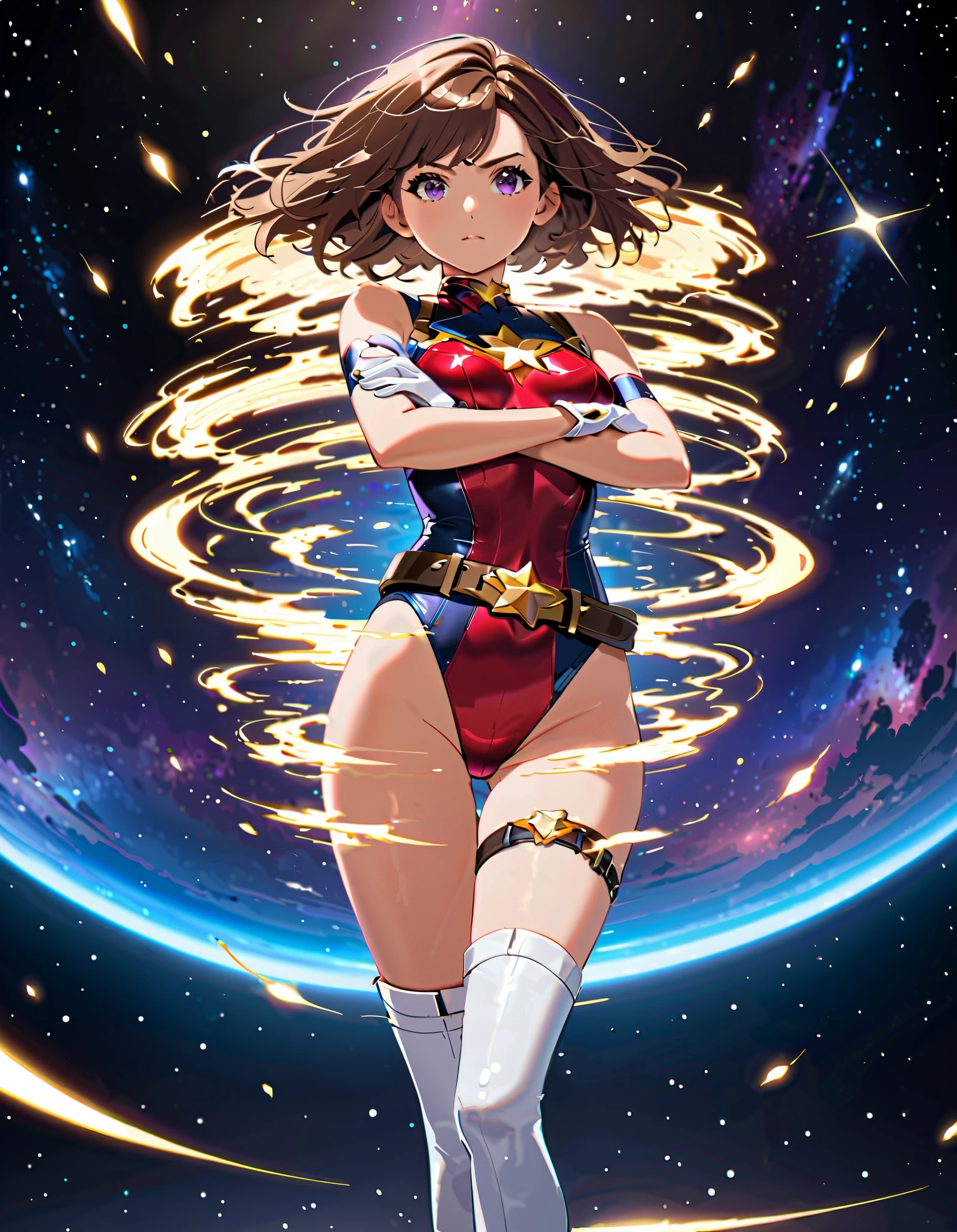 (masterpiece), (best quality), (high res), medium breasts, ((leotard, white and red leotard, matching leotard, sleeveless, bare legs)), ((tight belt, gold belt)), ((boots, matching boots, ankle-high boots, white boots)), ((gloves, white gloves)), space backdrop, solo, solo focus, flying like a superhero, (full body), cowboy shot, superhero, ((beautiful detailed eyes)), ((gold star symbol on chest)), (brown hair, medium hair, bob hair, purple eyes), (perfect hands, perfect anatomy), superhero, ((beautiful detailed eyes)), full body costume design.