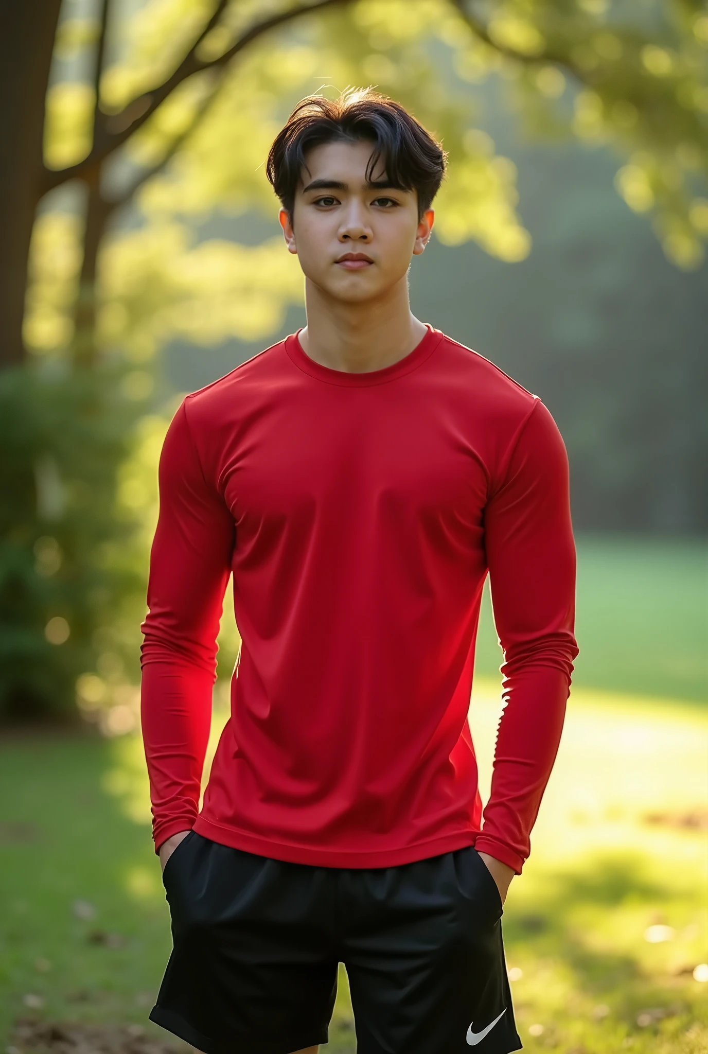 A handsome, muscular young Asian man looks at the camera. In a simple black and red t-shirt. , Fieldside, grass, beach, sunlight, Carrying a camera