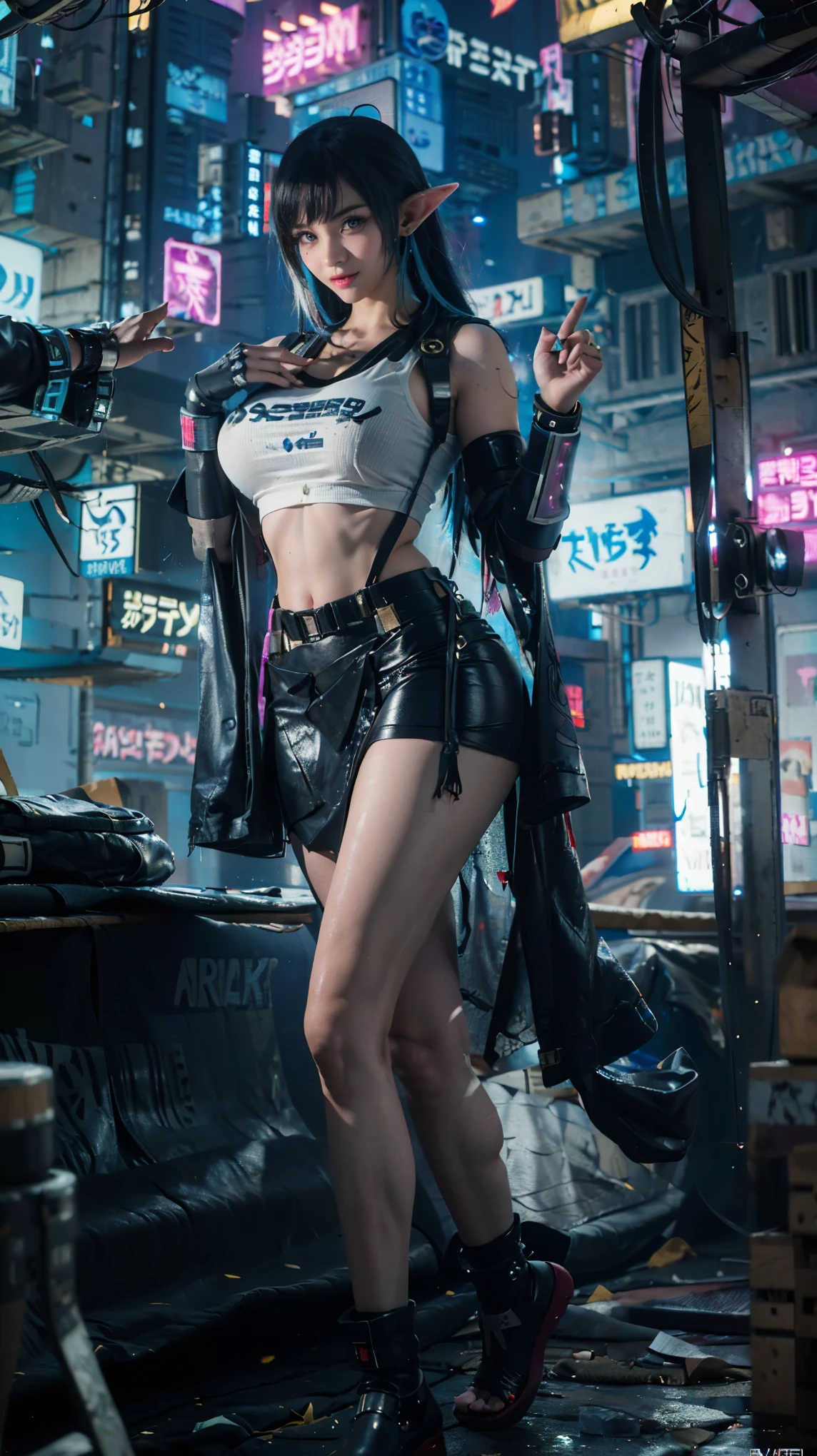 a girl, beauty elf, cool posing, extremely beautiful, strong gaze, whole body shot, shoot from below, (extremely detailed face, closeup, detailed eyes), mischievous smile, cheerful, fair skin, detailed skin, graduation color hair , blunt bangs , perfect figure, seductive body, (beautiful skinny legs, slim thigh ), ((cyberpunk cool kimono style , blue and white cyberpunk kimono clothing, cyberpunk kimono:triangle shaped hole on her chest, thight middle skirt, visible thong straps, (additional future technology gear, neon lighting , glimmer), )), (ultra extremely intricate cool design , detailed description of cyberpunk style), masterpiece, the top quality, ultra detailed, Uncompromising pictures, masterpiece, incredibly Absurdres, Highest quality, Perfect Anatomy, 8k, realistic photo, totally realistic, studio lighting, in the cyberpunk city, glowing lighting, advertisements signs, cyberpunk city background, ((night, night sky)), cyberpunk