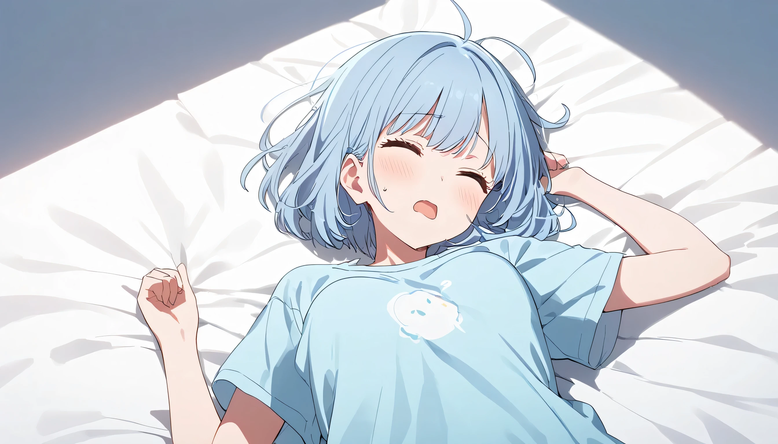 Anime girl laying in bed with blue hair and eyes closed - SeaArt AI
