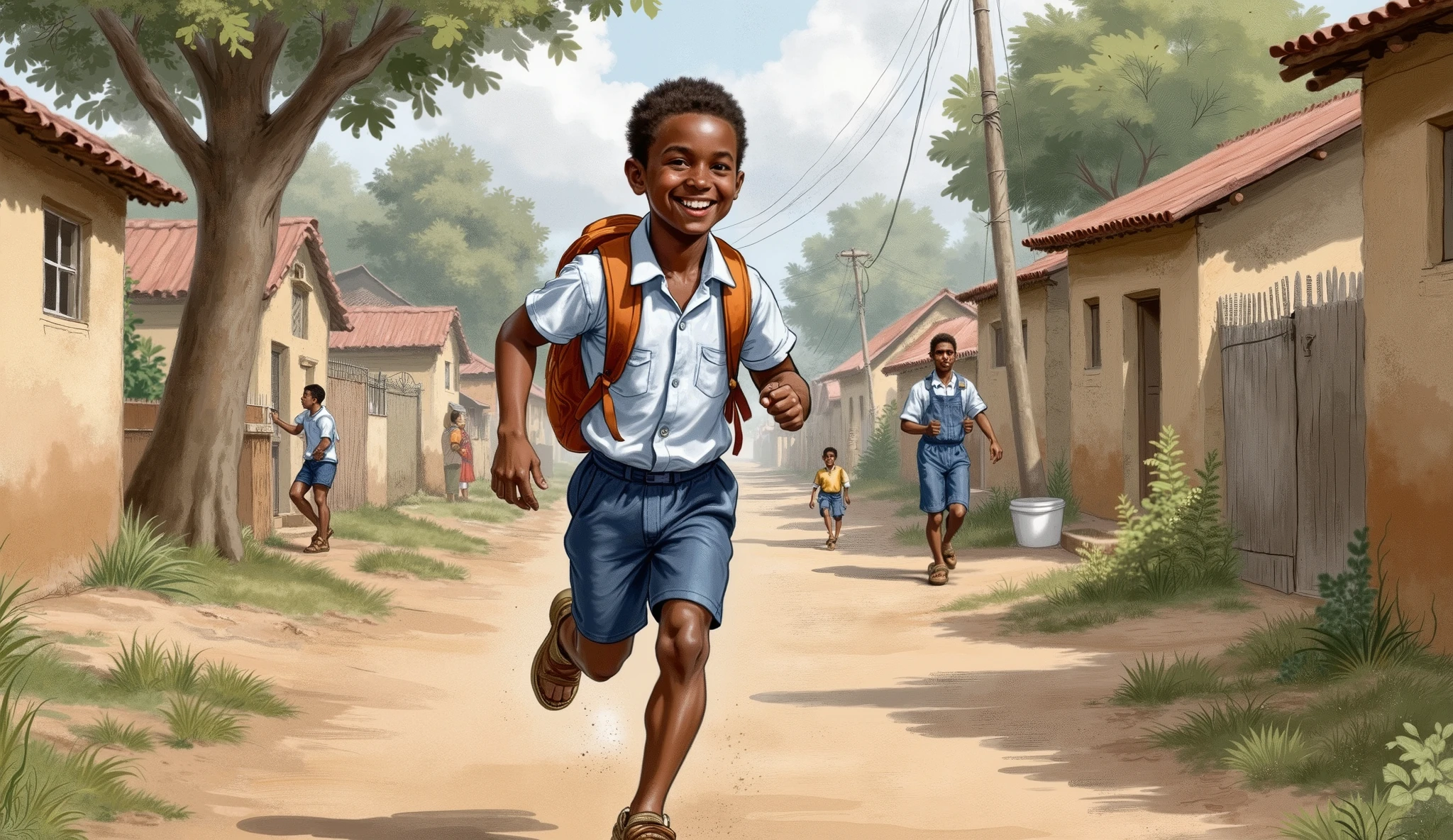 "A joyful Nigerian boy, around , is running enthusiastically to school through a rural village. He wears a neatly pressed school uniform consisting of a short-sleeved light blue shirt and dark blue shorts. A well-worn but sturdy backpack is secured on his back, slightly bouncing with his movement. His feet are clad in brown leather sandals, slightly dusty from the earthy path beneath him. He has a bright, beaming smile, showing his excitement for the school day ahead.

The background showcases a charming rural Nigerian community with traditional mud-brick houses topped with rusty corrugated metal roofs. The narrow dirt path he runs on is lined with patches of green grass, small trees, and wooden fences. A few villagers can be seen in the distance, some engaged in daily activities like carrying water in plastic buckets, tending to small roadside stalls, or chatting under the shade of a tree. The early morning sun casts a warm golden light, creating long shadows and highlighting the texture of the landscape.

The scene captures the spirit of determination and hope, reflecting the importance of education in rural Nigeria."



 (masterpiece best quality:1.2) delicate illustration ultra-detailed,

