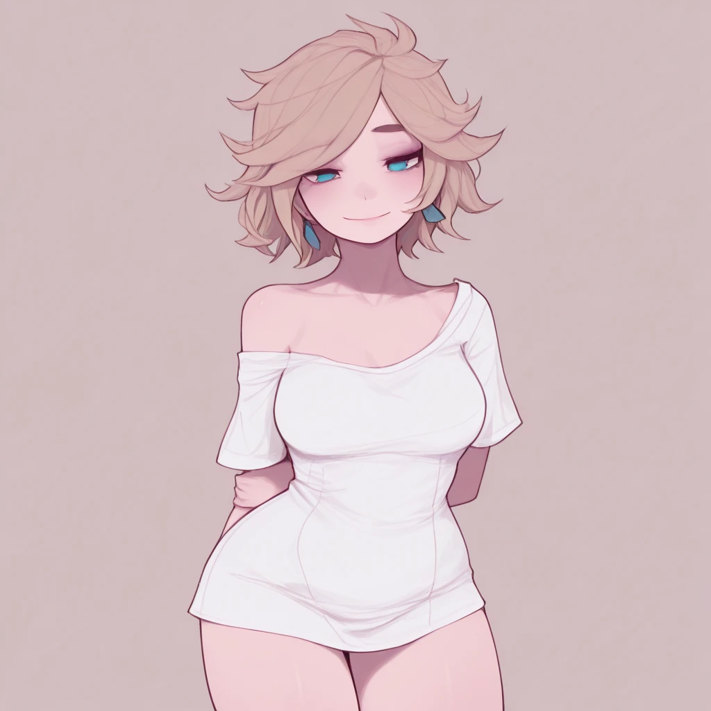 score_9, score_8_up, score_7_up, dijor, 1girl, solo, portrait, cute girl blushing, pretty , wearing , Shirtdress , cleavage ,boobs (0.3),
