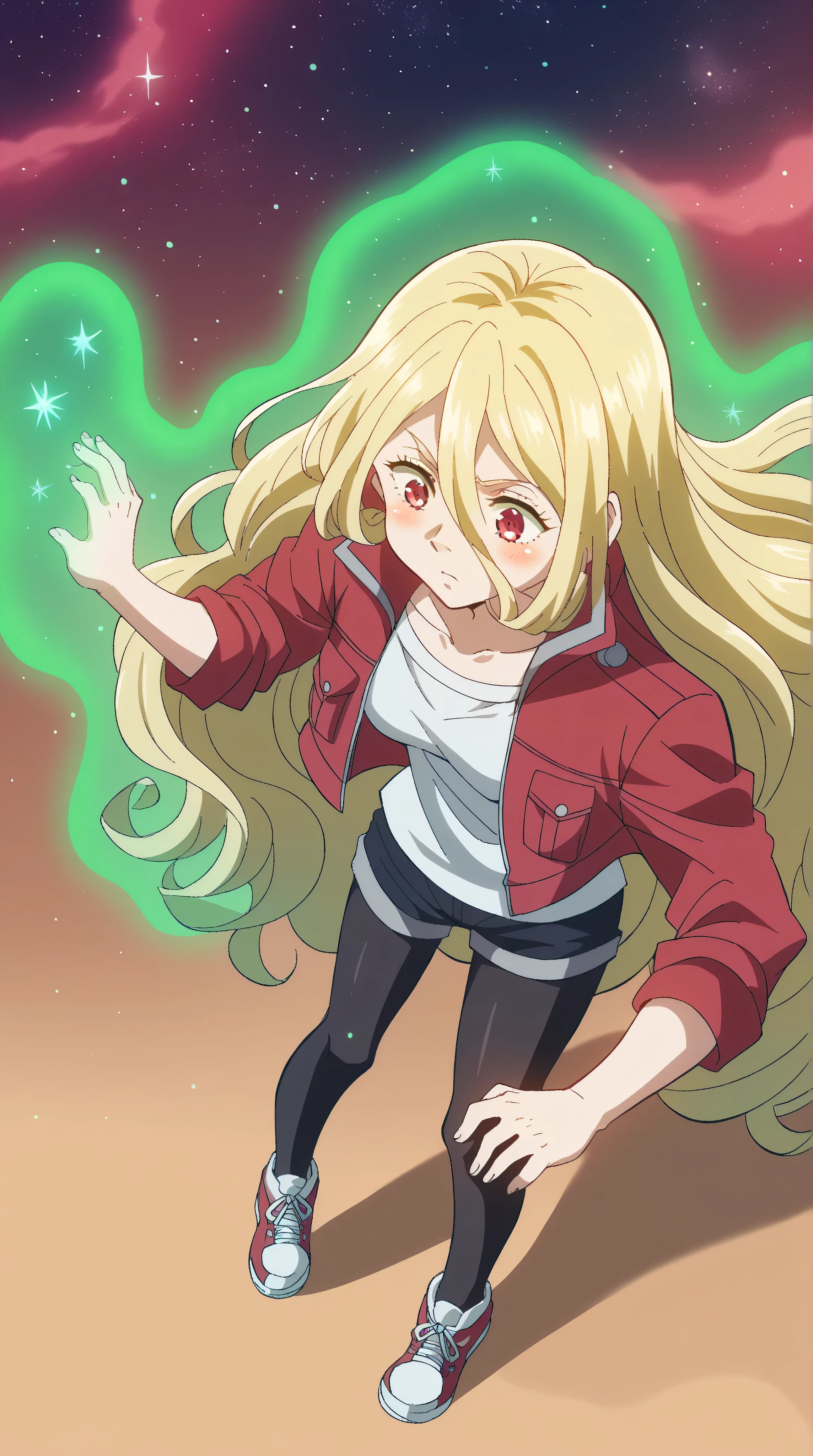 score_9, score_8_ upwards, score_7_ upwards, score_6_ upwards, score_5_ upwards, Long-haired блондинка, 1 blonde girl , long light golden hair , Long-haired , bangs on the forehead, hair between eyes , hair develops in the wind , crimson eyes, long lashes, blush, short warm crimson jacket , short warm shorts , warm black tights on the legs, sneakers, calm relaxed facial expression , crimson eyes stand on waves , view from above, in full height are standing next to each other, 🌊🌊🌊 blue-violet wave, girl hanging in space, among stars , 1 girl, solo, green aura, magic, взгляд upwards, 1 girl, solo,