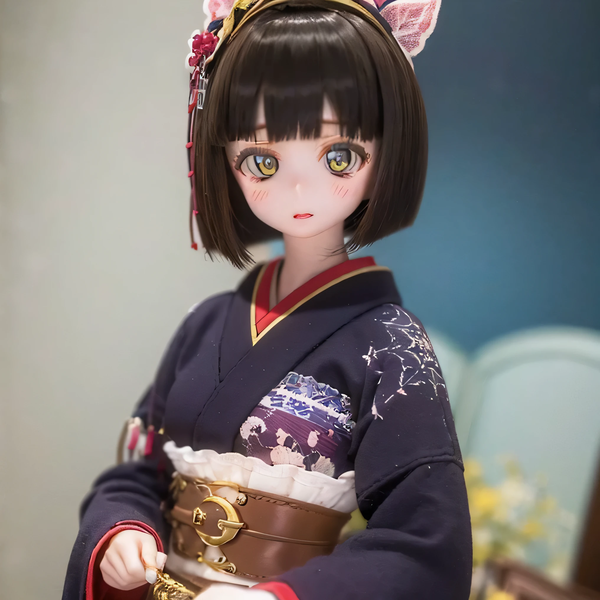 ( Please redeem , high resolution, Masterpiece:1.2), tall very detailed , is present,(Me in a kimono, beautiful details, tall beautiful lip detail , tall very detailed 目と顔,long eyelashes), tall traditional Japanese costume ,geisha, hairpins,Delicate embroidery, floral,Sleeves flow, high definition and face , SOFT LIGHTING 、 harmonious color 、 bob cut、 black hair、 高さの