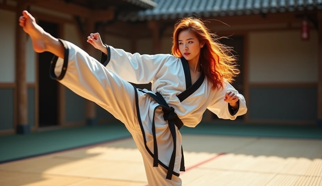 Photorealistic image ((masterpiece)), ((high quality)) UHD 8K, of a realistic taekwondo woman, (medium ), (thin waist), (competition taekwondo uniform with black belt), luminous blue eyes, long wavy red hair, (fighting, hitting an upward taekwondo kick on a tatami). ultra-realistic (full body view), photo realistic, natural lighting, professional DSLR camera