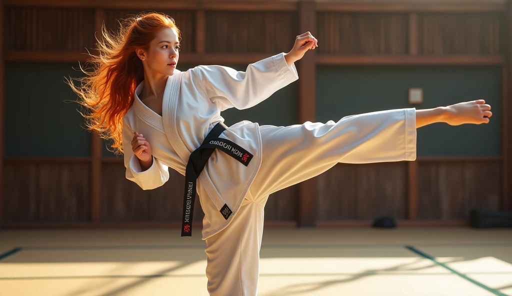 Photorealistic image ((masterpiece)), ((high quality)) UHD 8K, of a realistic taekwondo woman, (medium ), (thin waist), (competition taekwondo uniform with black belt), luminous blue eyes, long wavy red hair, (fighting, hitting an upward taekwondo kick on a tatami). ultra-realistic (full body view), photo realistic, natural lighting, professional DSLR camera