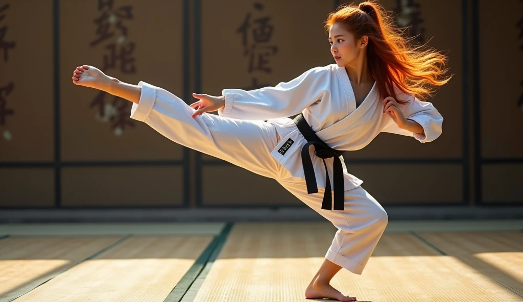 Photorealistic image ((masterpiece)), ((high quality)) UHD 8K, of a realistic taekwondo woman, (medium ), (thin waist), (competition taekwondo uniform with black belt), luminous blue eyes, long wavy red hair, (fighting, hitting an upward taekwondo kick on a tatami). ultra-realistic (full body view), photo realistic, natural lighting, professional DSLR camera