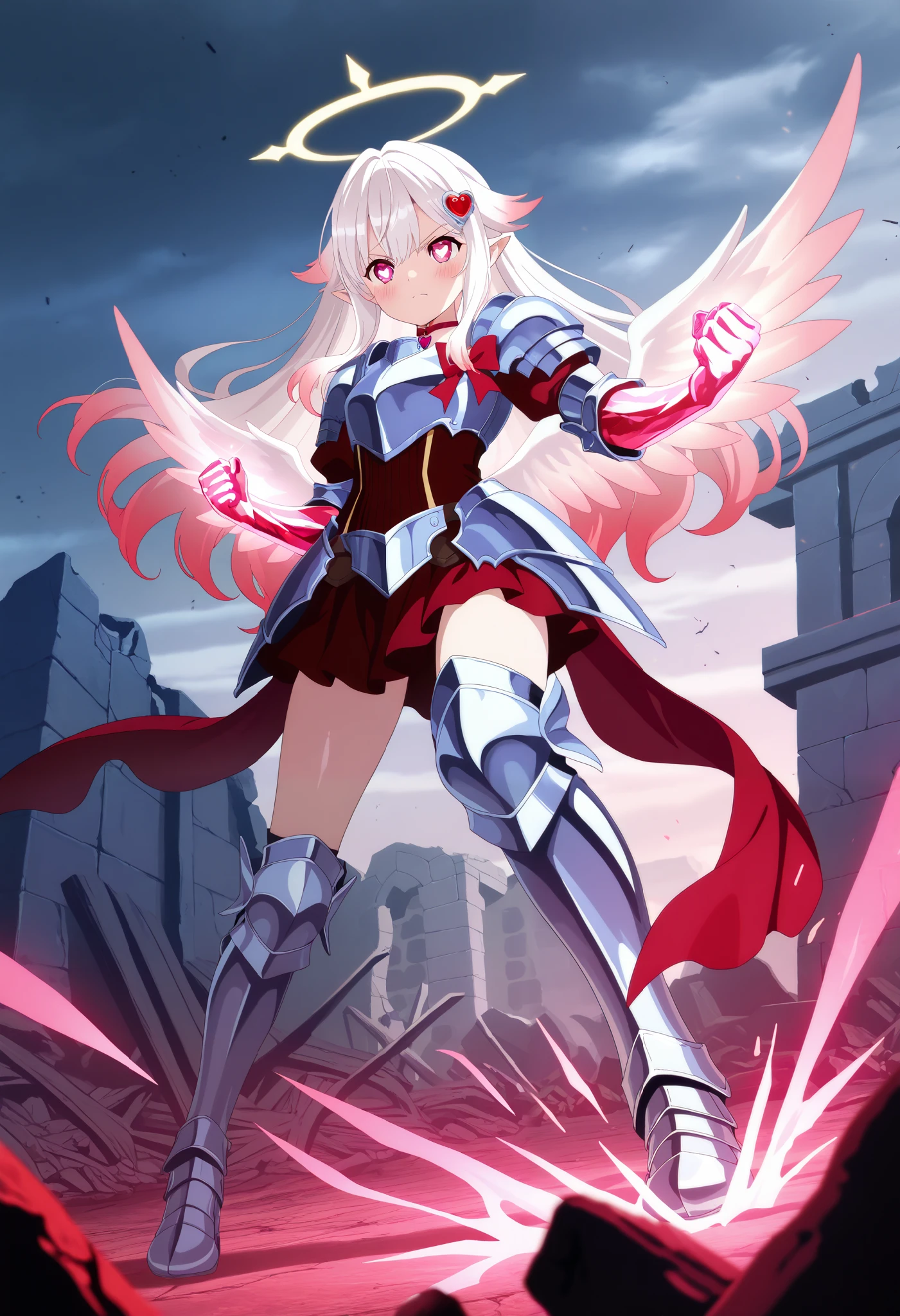 masterpiece, best quality, 1girl, fantasy, petite, halo, full body, serious, closed mouth, hair clip, dynamic angle, looking ahead, blush, pink eyes, symbol-shaped pupils, heart shaped pupils, pointy ears, long hair, headwings, hair flaps, white hair, multicolored hair, pink tips hair, bangs, hair between eyes, hair ornament, heart choker, red bow, steel armored clothes, armor, angel knight, heart hair ornament, clenched fist,s, fighting stance, outdoors, overcast sky, yellow lighning, ruins background, shape hand changed, crystal hand, crystal hand skin, shiny, shiny crystal skin, hair, white steel armored clothes, pink Ruby hand, cinematic lighting, soft focus, red light rails, light burst shot, anime screencap