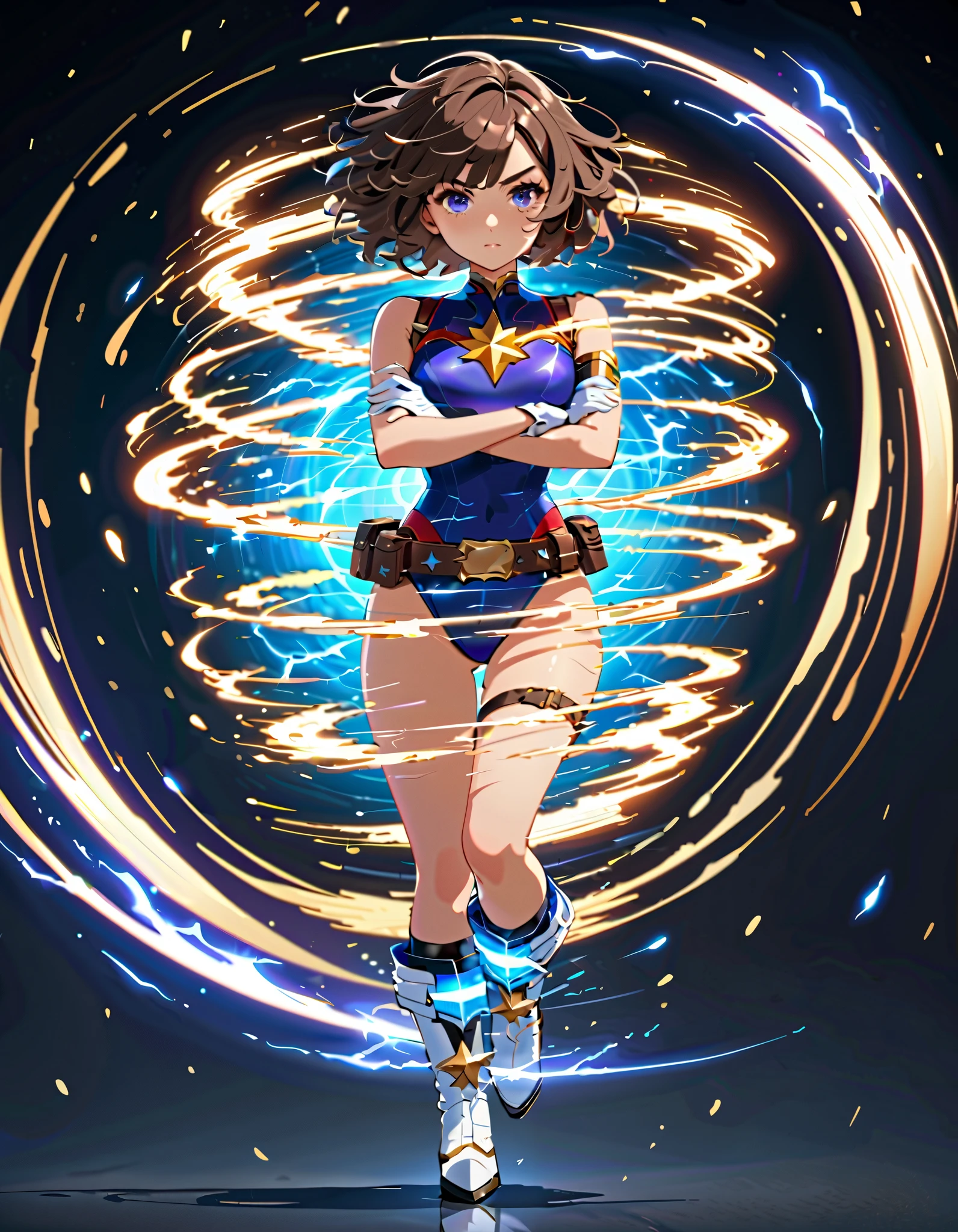 masterpiece, best quality, 1girl, superhero, ((leotard, dark blue leotard)), long sleeves, bare legs, boots, dark blue boots, matching boots, medium breasts, diffraction spikes, light particles, standing, standing straight, dark blue hair, ((short hair, bob hair)), blue eyes, beautiful detailed eyes, beautiful detailed face, cute face, (perfect hands, complete fingers, perfect anatomy, perfect proportions), heroic, ((star symbol on the chest)), serious, full body with costume, full body, cowboy shot, ((raised arms, spins fast in place like a tornado, she spins at an incredible speed, creating a whirlwind of air around her, cyclone spinning)), ((spiral lines, spinning energy pulse around her)), (Curved Sword Slash).