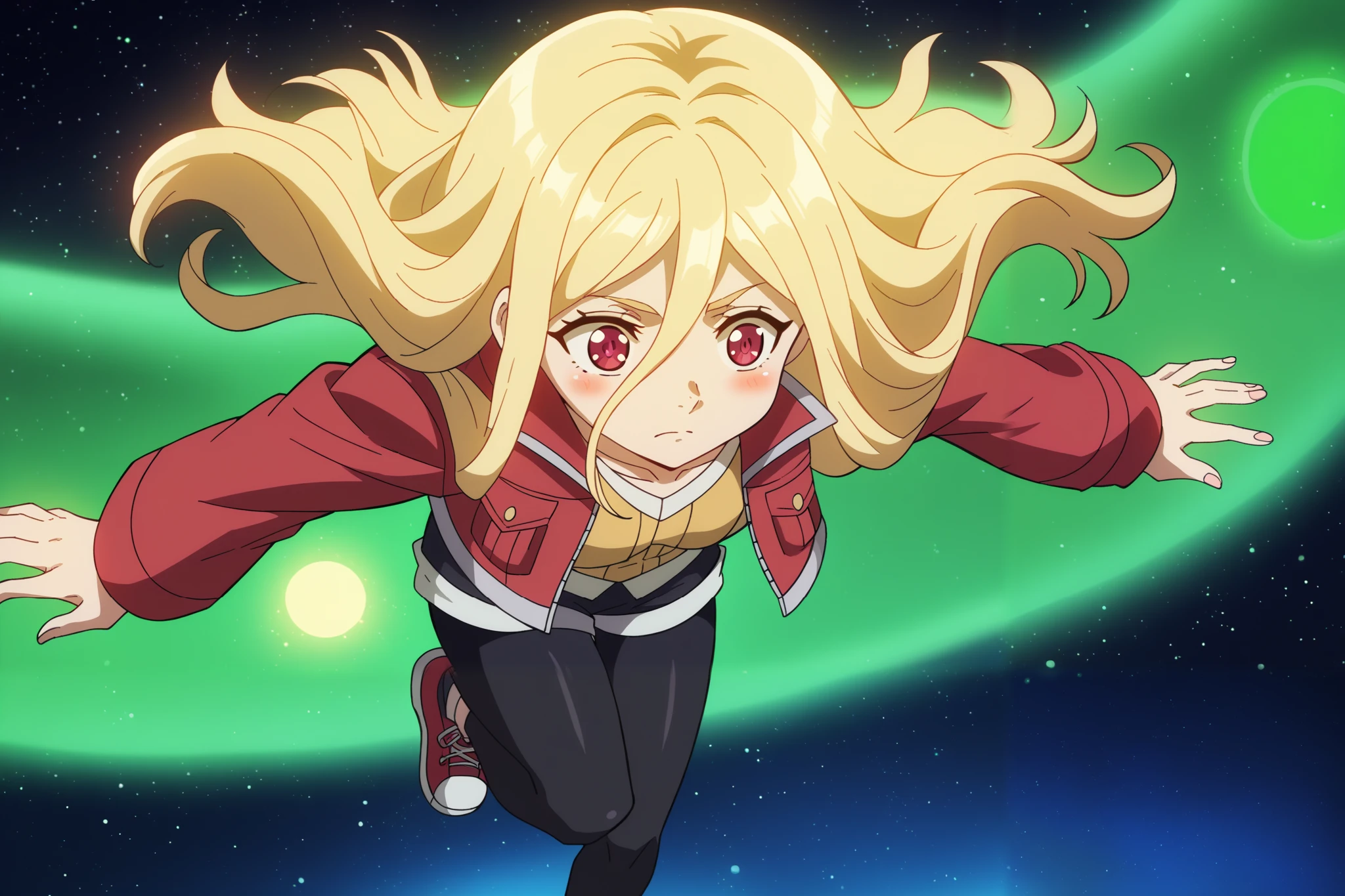 score_9, score_8_ upwards, score_7_ upwards, score_6_ upwards, score_5_ upwards,  Long-haired блондинка,  1 blonde girl ,  long light golden hair ,  Long-haired , bangs on the forehead,    hair between eyes   ,  hair develops in the wind ,   crimson eyes, dark pink eyes ,  long lashes, blush,  short warm crimson jacket ,  short warm shorts  , warm black tights on the legs, sneakers,  calm relaxed facial expression , crimson eyes stand on waves ,  view from above,  in full height are standing next to each other, 🌊🌊🌊  blue-violet wave, girl hanging in space, among stars ,  1 girl, solo, green aura, magic, взгляд  upwards,  1 girl, solo, 