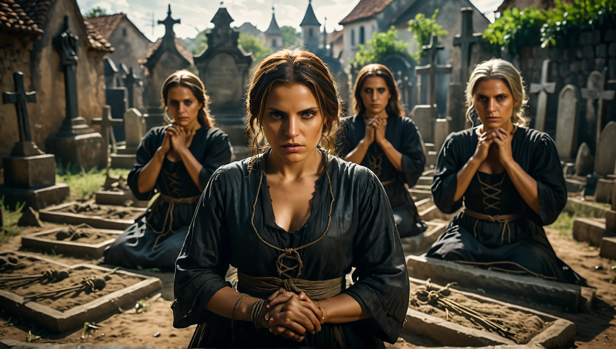 Women accused of witchcraft IN FRONT OF THEIR OWN GRAVES, with their hands tied , Guilty for bringing the plague to the city, Cinematic background, hyper-realistic, ultra detailed hyper-realistic, photorealistic, Studio lighting , reflections, dynamic pose, Cinematic, Historical accuracy, color grading, photograph, Filmed with 50mm lens, Ultra-wide angle , depth of field , hyper-detailed, Beautifully colored, 8k