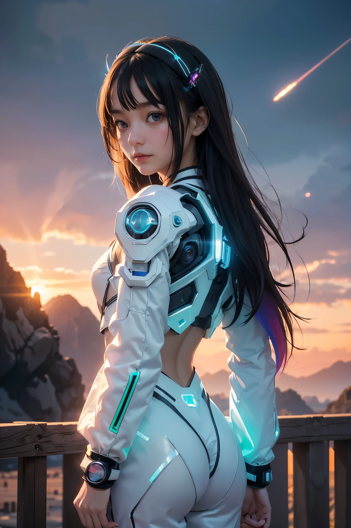 ((masterpiece, best quality, extremely detailed), volumetric lighting, ambient occlusion, colorful, glowing),
1girl, solo, young girl, (dark hair), long hair, halo, aura, sacred, godness, cyber suit, (random-colored outfit:1.3), android, bot, cybernetic wings,
outdoors, sunset, sky, clouds, space, (cyberpunk theme:1.2),