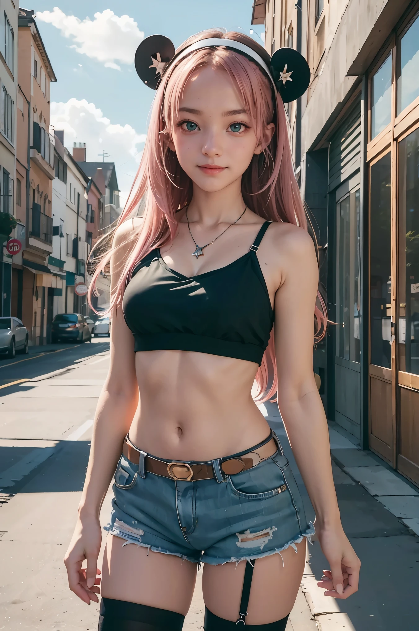 22 year old white female、Hair color is a gradation of brown and purple、Indigo also eyes、long hair、straight hair、setting hair、accessories on wrist、I'm wearing a choker、skin is smooth、smile、Slender but muscular body、My heart is pounding、My abs are cracked、I can see my bellybutton、high resolution、Wearing a sleeveless high-neck zipper-up top、I'm wearing shorts、Low rise so you can see the strings of the shorts、I'm in the middle of Shibuya's scramble crossing