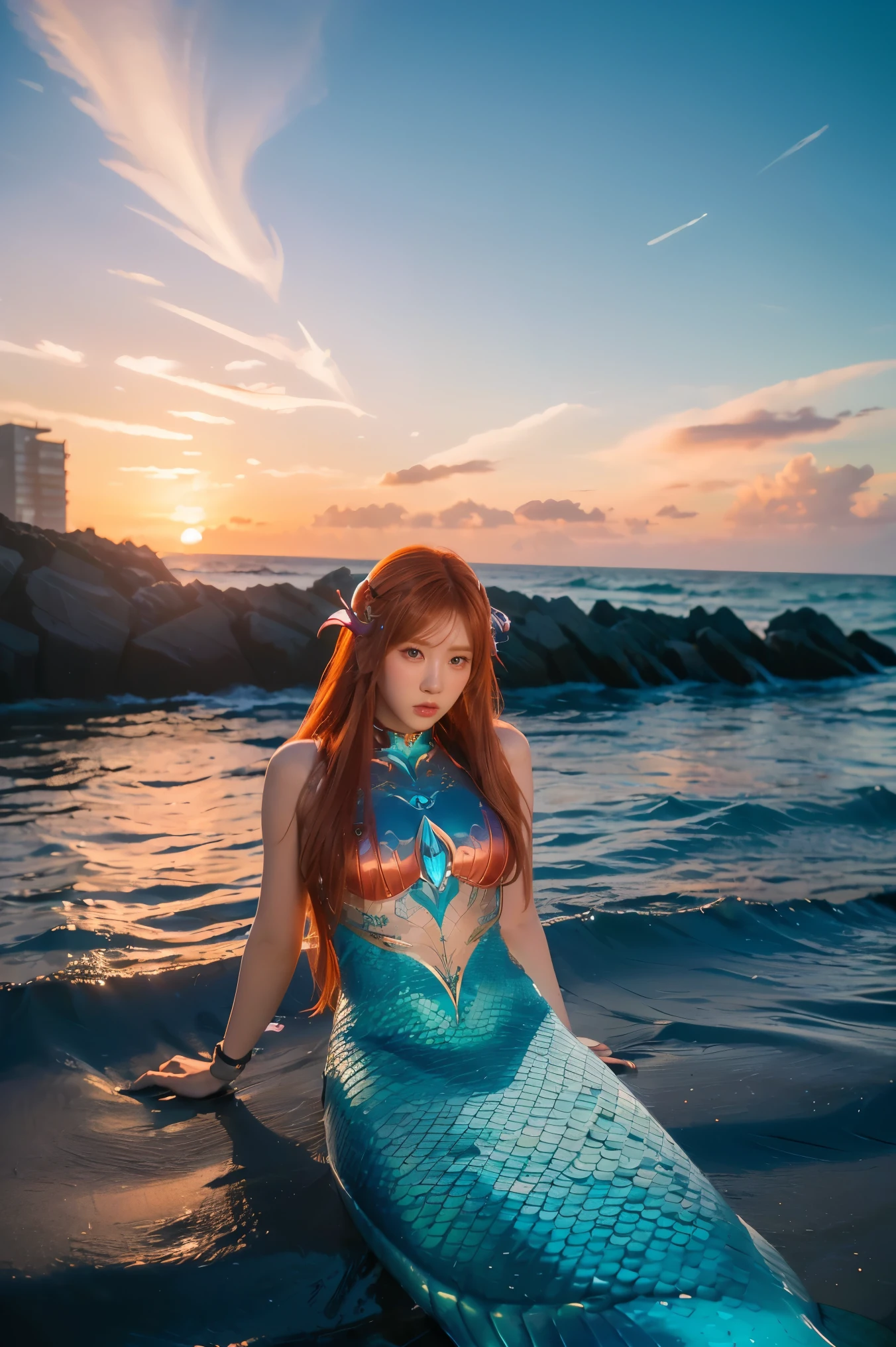 ((masterpiece, best quality, extremely detailed), volumetric lighting, ambient occlusion, colorful, glowing), 1girl, solo, young girl, (red hair), long hair, goddess, cyber suit, (mermaid design:1.3), outdoors, sunset, sky, clouds, beach, sea, , (cyberpunk theme:1.2),