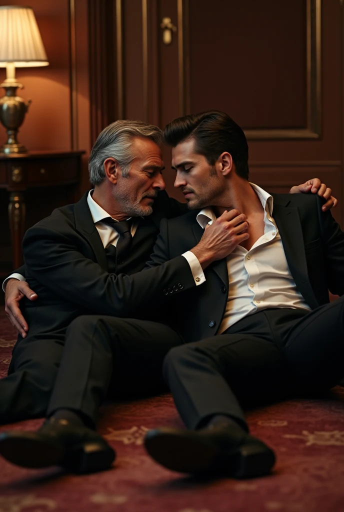 Create a cover for a book on Wattpad that contains the following:: He should be a little realistic and should have a blonde, blue-eyed mobster sitting in a chair with a face of excitement and a 25-year-old man sitting on his lap, looking into each other's eyes.