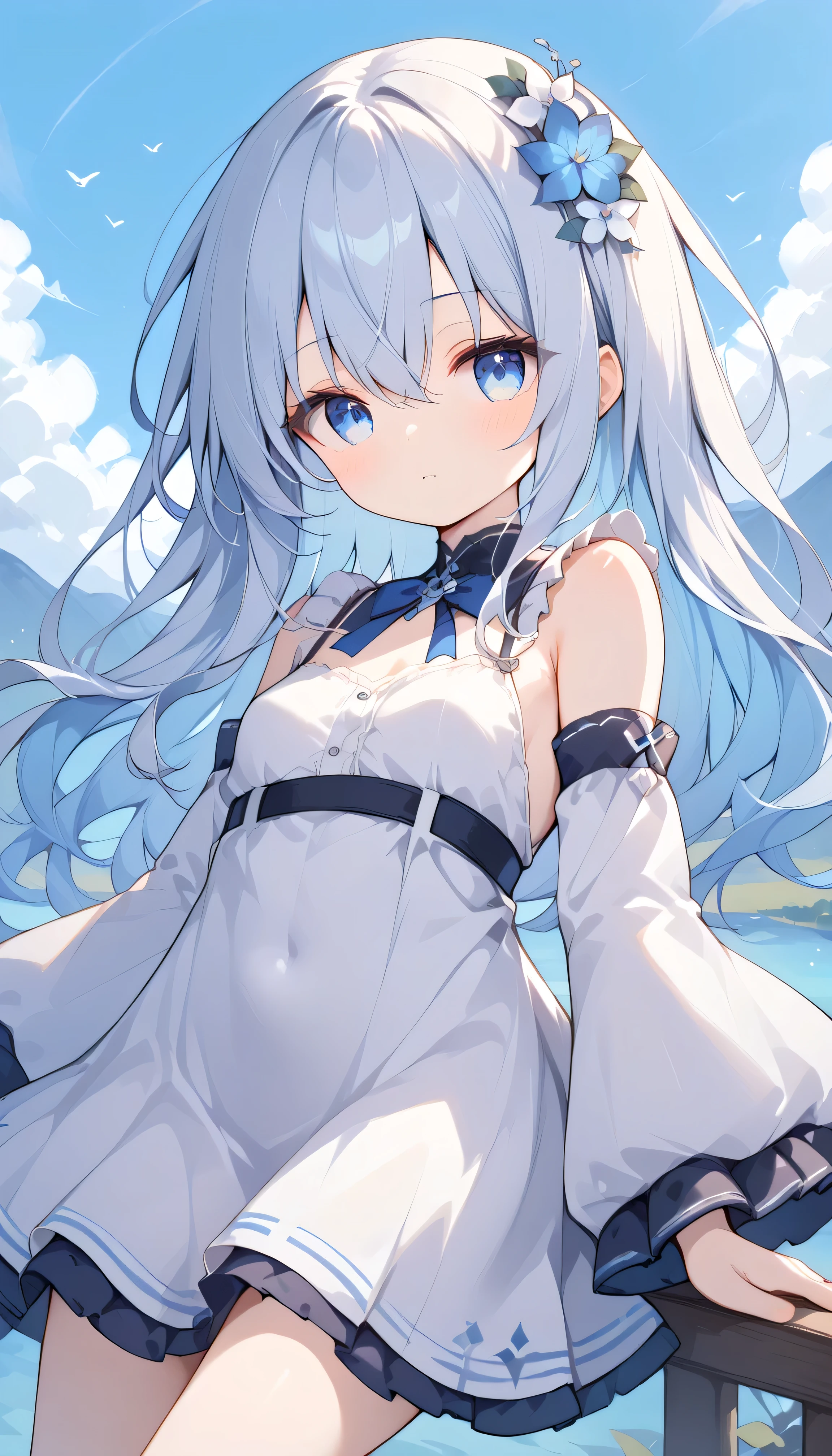 hibikikc , long hair, White hair, blue eyes small breasts petite body 1 girl, Alone, eyebrows visible from inside hair , hair between eyes, watches viewers, masterpiece, top quality, very aesthetic, light blue inner hair, multicolored hair simple dress Outdoors blue sky lake shoulder detached sleeves Flower Hair Ornament head