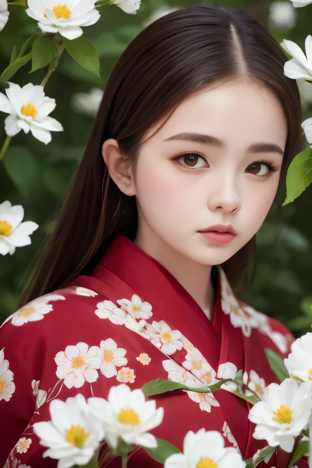 The background is a world of white flowers、Best Quality, masutepiece, High resolution, (((1girl in))), ,Red Eyes、Dark red kimono、((Dark red floral kimono)), Tindall Effect, Realistic, Shadow Studio, Red lighting, dual-tone lighting, (High Detail Skins: 1.2) Digital SLR, Photo, High resolution, 4K, 8K, Background blur,Fade out beautifully、The background is a world of white flowers