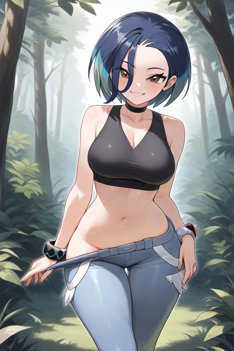 portrait, cowbowyshot, standing, marlene, bikini , high socks midriff, large breast , huge boobs, baseball cap,black and dark blue blue hair, smiling, river background,forest, no jacket, wet shirt , evocative pose, smug look, arms up around her head, shorts with camo patterns, front facing, detailed eyes, detailed pupils,perfect face