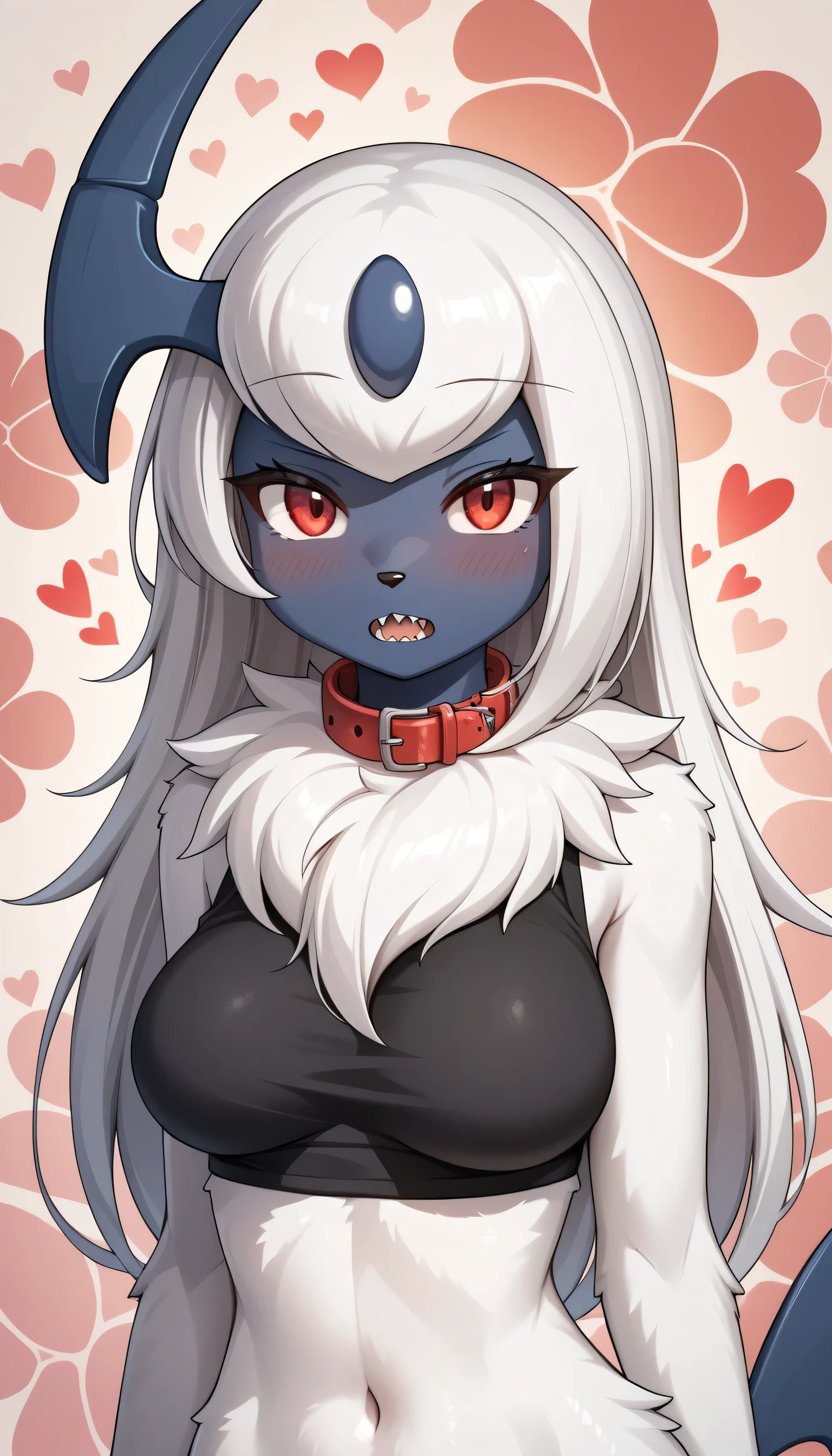 score_9, score_8_up, score_7_up, source_anime, source_furry, (beautiful, detailed background, digital artwork, digital art, well shaded artwork, depth, detailed artwork)1.2, 1girl, female, large expressive eyes, (detailed red eyes)1.2, medium breast, natural breasts, breast sag, slim hips, slim thighs, slim waist, canine mouth, small thighs, slim, hourglass body, closeup++, three quarter portrait, facing viewer,  shy face, looking at viewer, 1girl, tail, cute girl, anthro_Pokemon, close up,Absol_\(Pokemon\),Dark Blue Skin,on the top of its head adorned with a single blue-black oval,  fluffy fur near chest, one sharp horn on head, blue sharp tail, long hair, blue nails, close up face, focus on face, wear black croptop, tsundere open mouth, sharp teeth, blush, super red face, embrassed, heart thought, red collar, o: mouth, kiss