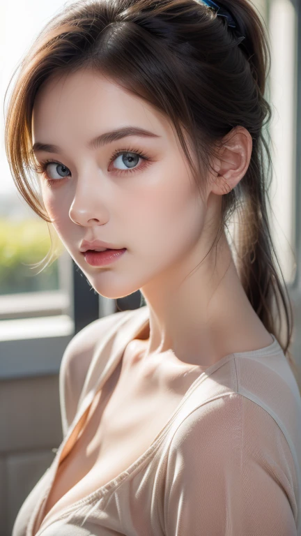Skin Tight Black Top:1.2, Looking at Viewer, Cinematic lighting, Perfect, softlight, High resolution skin:1.2, Realistic skin texture, 30 years old mature woman、a small face、no-makeup、, off shoulders,Bust B Cup、 Exposed cleavage, Blue eyes, Short hair, dark brown  hair、fullnude、Gray background、