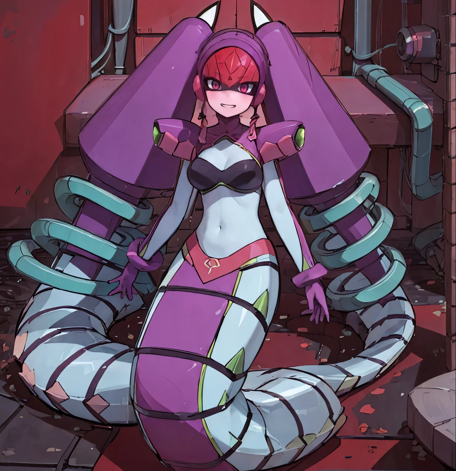 twintails,twin drills, rubber suit, helmet,Lamia