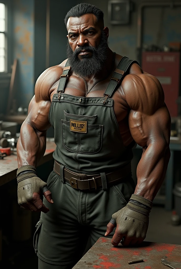 brutalmass man in apron,portrait,dark,grimy,dusty,hard-working,industrial,steel,heavy,smoky,handsome,strong,expressionless,serious,scruffy,bearded,rough,dirty,stoic,caged light,bold strokes,vibrant colors,high contrast,black and white:1.2,gritty texture
