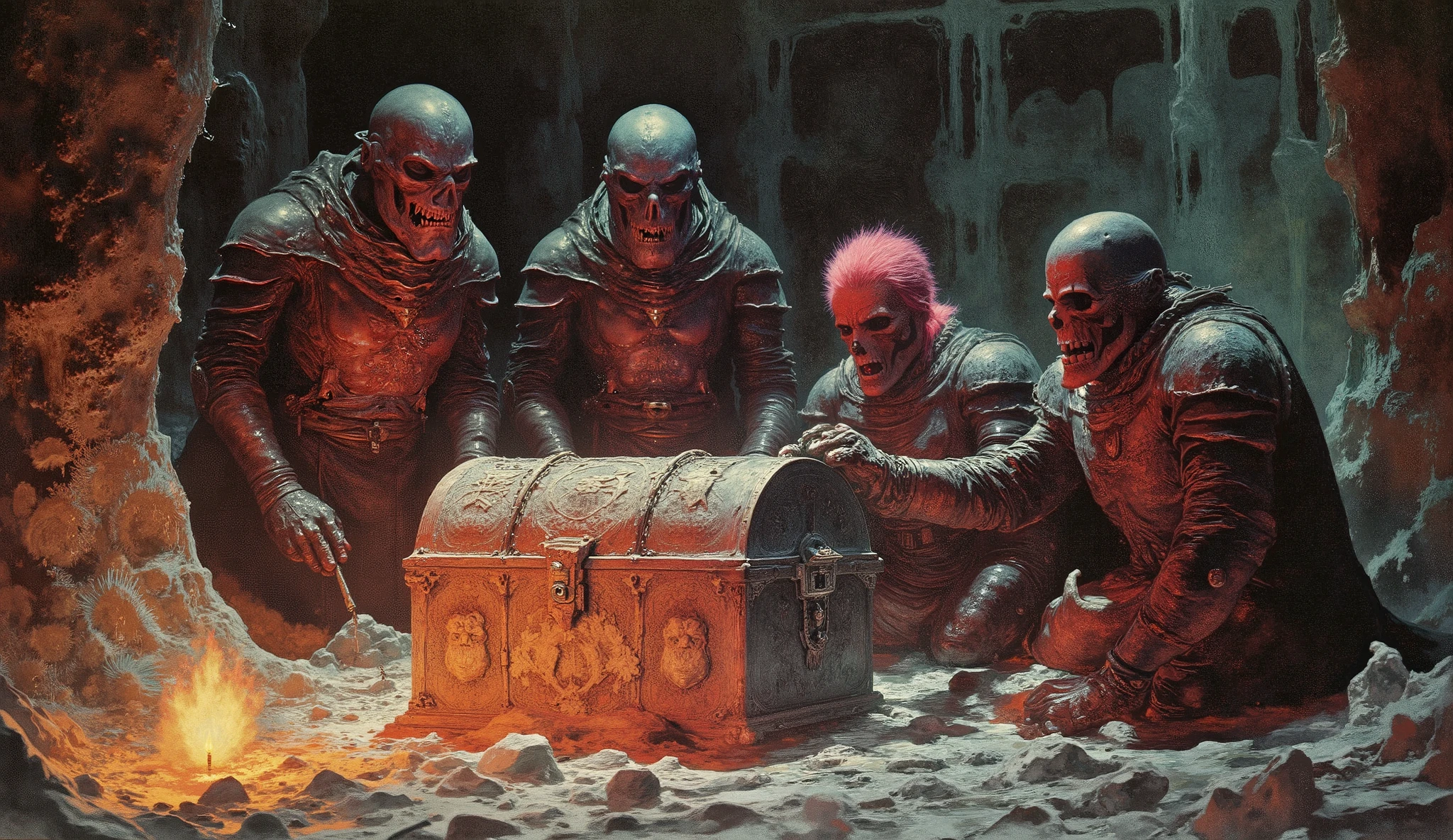 (best quality, 128k,highres,masterpiece:1.2),ultra-detailed,(realistic,photorealistic,photo-realistic:1.37), ((masterpiece)) ((photography)) ((Highest quality)) A group of diverse adventurers, comprising a rugged middle-aged man with a weathered face and a determined expression, a young woman in her early twenties with vibrant red hair tied in a ponytail, wearing a leather jacket and cargo pants, and an older man with a long gray beard and a wide-brimmed hat, all gathered around a glistening treasure chest in a dimly lit cave. The chest is intricately carved with ancient symbols, its golden surface reflecting the flickering light of oil lamps placed strategically around the cave. The adventurers are posed in dynamic stances, the middle-aged man leaning forward with a crowbar in hand, the young woman crouching to inspect the chest's lock, and the older man standing guard with a lantern in one hand and a sword resting on his shoulder. The cave's walls are rough and textured, with glowing moss providing an eerie greenish hue. Water drips from the ceiling, creating a serene yet mysterious atmosphere. The scene is captured from a low angle, emphasizing the adventurers' heroic postures and the treasure's allure. The lighting is dramatic, with sharp contrasts between the warm glow of the lamps and the cool tones of the cave, evoking a sense of adventure and discovery.