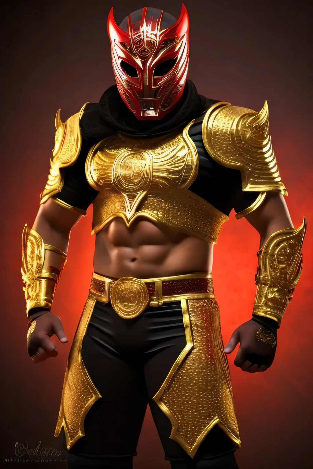 A highly detailed portrait of a masked Mexican wrestler (Luchador) with a red and gold flame-patterned mask. His muscular physique is clad in a tight red top with a golden Mexican emblem on the chest and white tights with gold flame designs on the sides. His confident stance exudes charisma and intensity, with sharp brown eyes visible through the mask. The background depicts a vibrant wrestling arena filled with cheering fans under colorful lights. Ultra-realistic textures, cinematic lighting, 4K resolution.