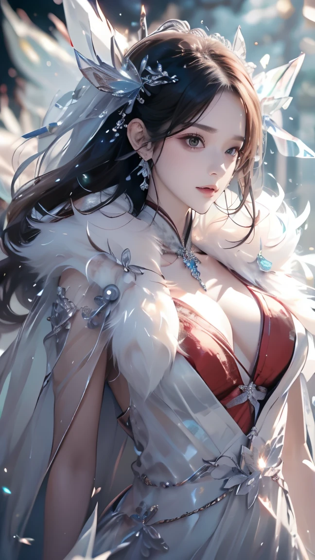 ((Highest quality, 8k, masterpiece: 1.3)), 1 female, Japanese Young Woman,Sensual beauty: 1.3, - Female character with a focused and intense expression
- Short, dark brown hair with bangs
- Wearing a large red mask with white markings on top of the head
- White fur cloak draped over the shoulders
- Light beige sleeveless top, exposing muscular arms
- Prominent red tribal markings on the face
- Necklace made of large white fangs and a blue crystal pendant
- Light skin tone with an athletic and strong build
- Adjusting the cloak with both hands behind the head
- Large, expressive blue eyes looking forward
- Emphasis on a strong, well-defined chest