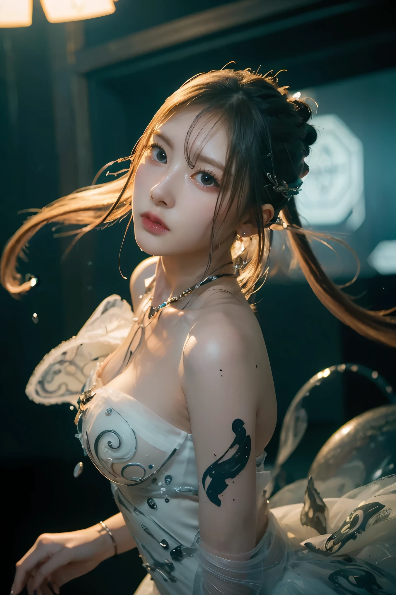 ((masterpiece, best quality)), ultra detailed 8k, photorealistic, sharp focus, highly detailed, professional lighting , shadowmancer, photo of a woman, ink particle, ((swirling black ink floating around)), futuristic fantasy, futuristic white dress, dynamic pose, realistic, masterpiece, intricate details, detailed background, depth of field,