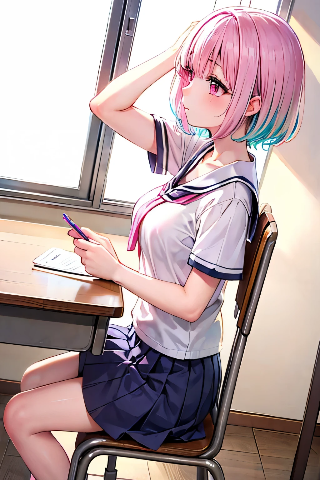   Seductive Anime Girl , [  4k digital art  ]!!, |  anime with fine details,、Liam Yumemi, Liam Yumemi, stupid hair,  blue hair , Hair Intake ,  multicolored hair , ( pink eye:1.5),  pink hair with a scar,  short hair,  two-tone hair, normal breasts、 high school girl、 with a pen in my hand、Seductive anime girl fiddling with her hair 、 chair、I don't have anything on my hands、Side view、classroom