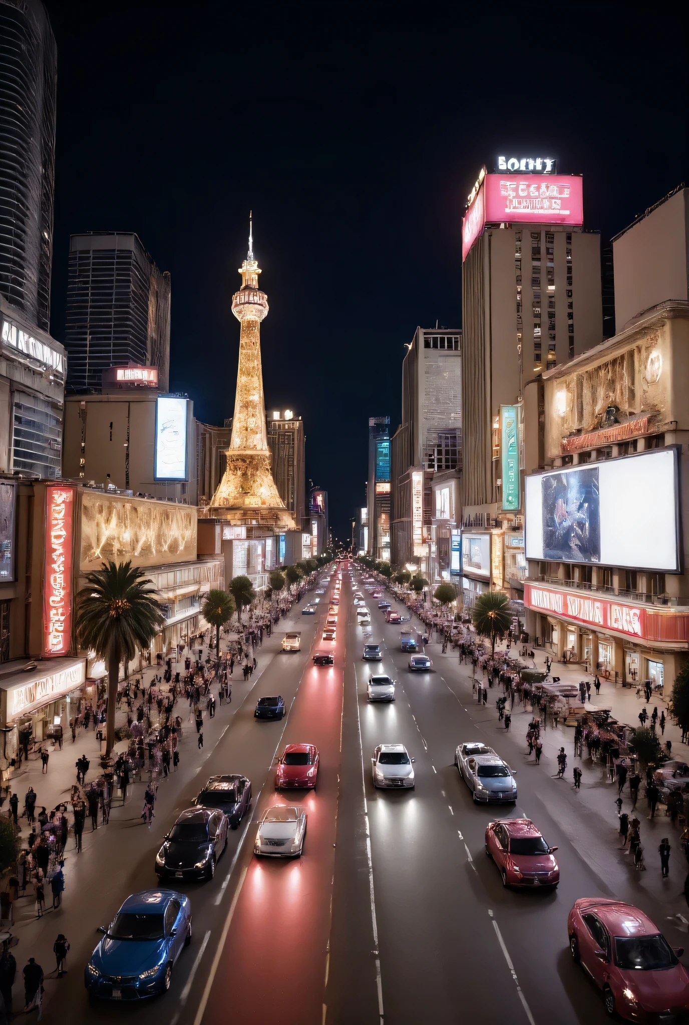 (long range:1.3), (Las Vegas strip scenery:1.5), (Las Vegas strip at night:1.5),  intricate background, highly detailed background, ((very detailed)), (volumetric lighting:1.2), dark theme blank background, vivid colors, Sony Alpha 7 IV camera, 85mm lens, 32K UHD, ultra high resolution digital image, (smooth digital image), highly detailed, deep DOF