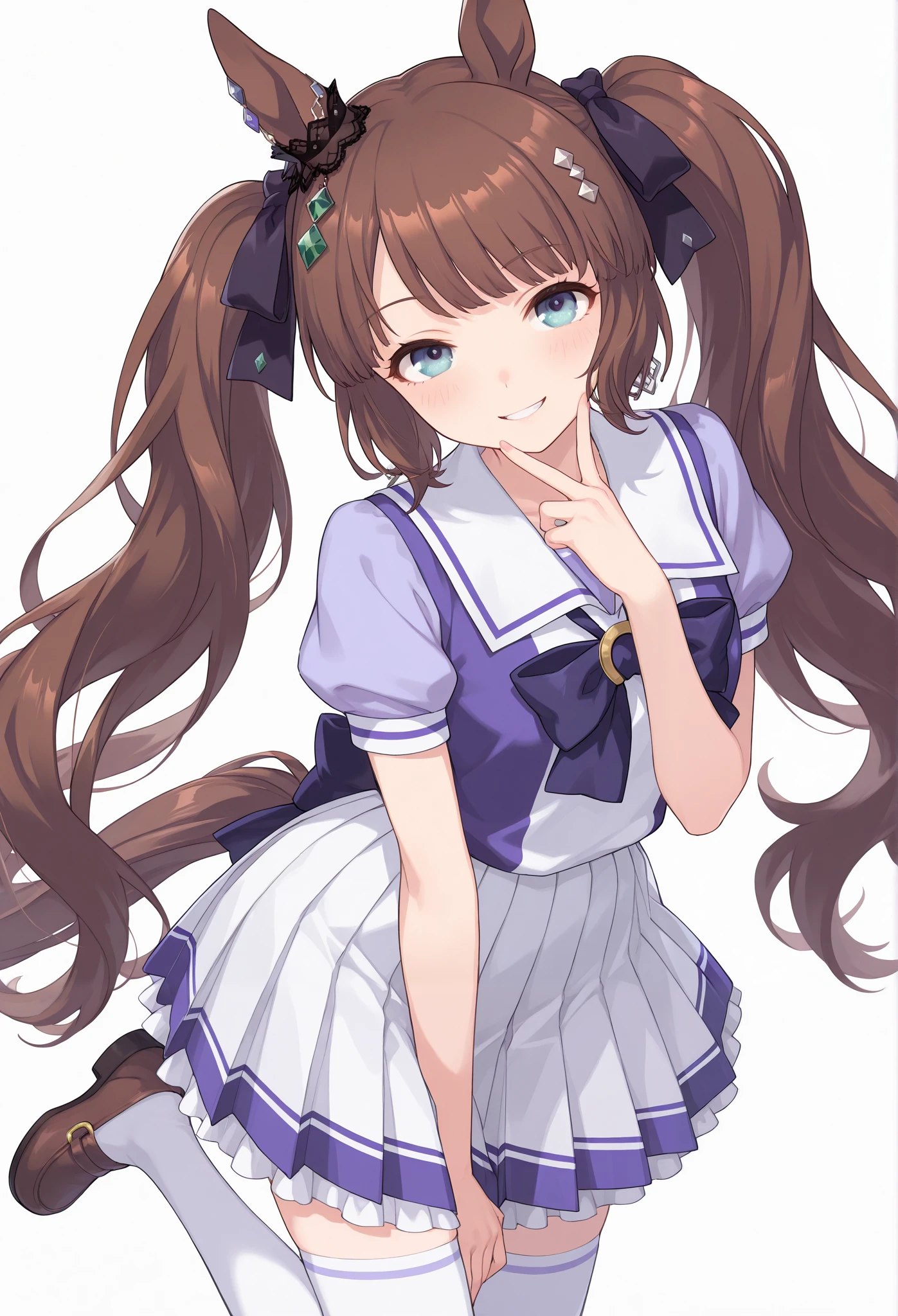{{{Racecourse:1.6}}} {{{ 【 focusing on upper body :1.5}}},( high resolution),( high resolution), ( Unity 8K Wallpaper),( detailed image ), {{{Type Moon :1.7}}},((draw:1.5),tosen jordan\{{{Uma Musume\}}}, ,{Right earring },{ seductive smile} \( Uma Musume\),
Tracen school uniform, summer uniform , Sera Clothing, Puffy Short Sleeve , purple bow tie, Horseshoe Ornaments , sailor color, sailor shirt , purple shirt , white skirt , pleated skirt, frills, miniskirt, absolute domain, 's white thigh high, brown footwear , loafers ,