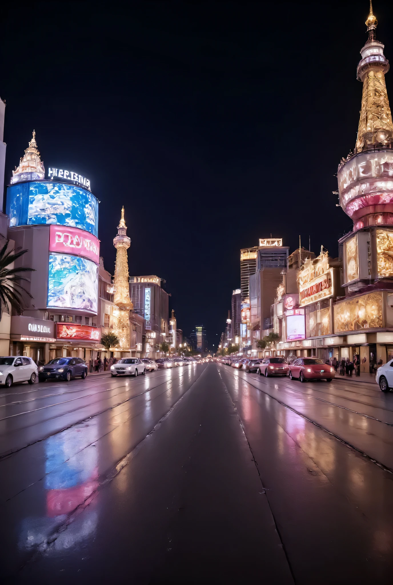 (long range:1.3), (Las Vegas strip scenery:1.5), (Las Vegas strip at night:1.5), street level, intricate background, highly detailed background, ((very detailed)), (volumetric lighting:1.2), dark theme blank background, vivid colors, Sony Alpha 7 IV camera, 85mm lens, 32K UHD, ultra high resolution digital image, (smooth digital image), highly detailed, deep DOF