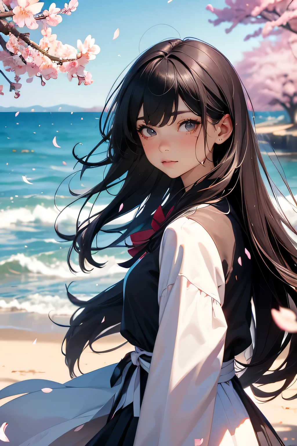 one girl, black hair, floating hair with bangs flowing to one side, Seaside,景color,landscape, cherry blossoms, falling petals , sunlight,god's Raise, upper body, color, dress , kimono