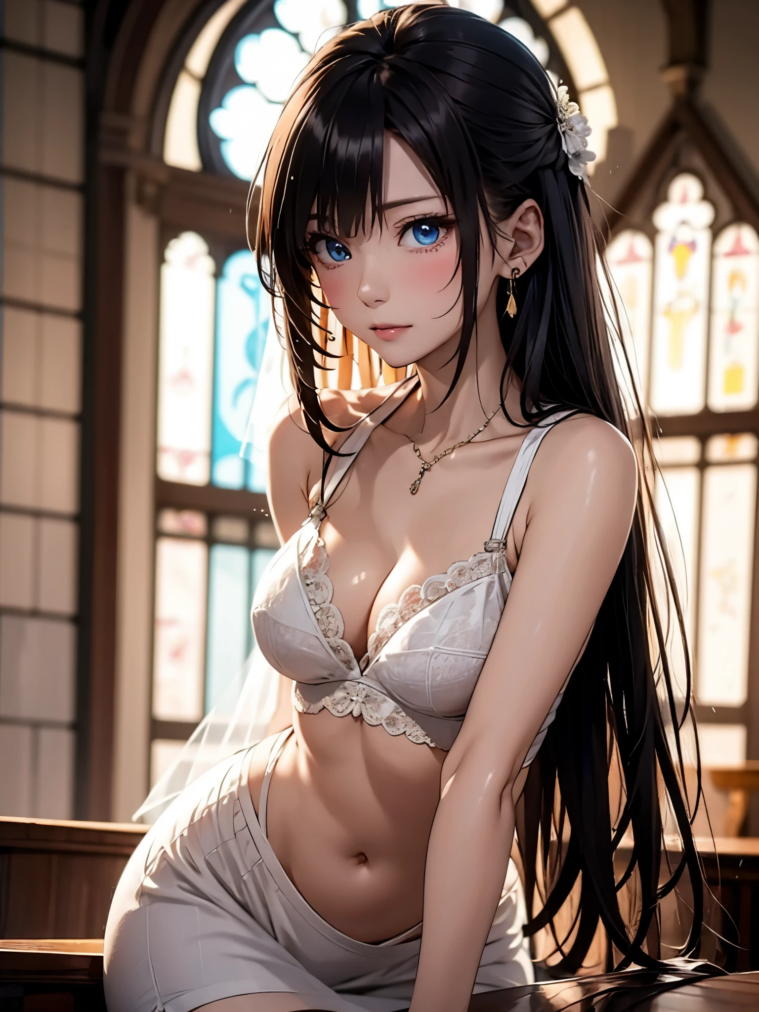 masterpiece,high detail,best quality,super detail, blush, happiness, lying, Anime, ((maid)), cute, (from front,looking at viewer), (tied up with rope:1.5), (slender:1.3), (long hair:1.5), black hair,  belly button, luxury room, night, blue hour, candle, candlestick