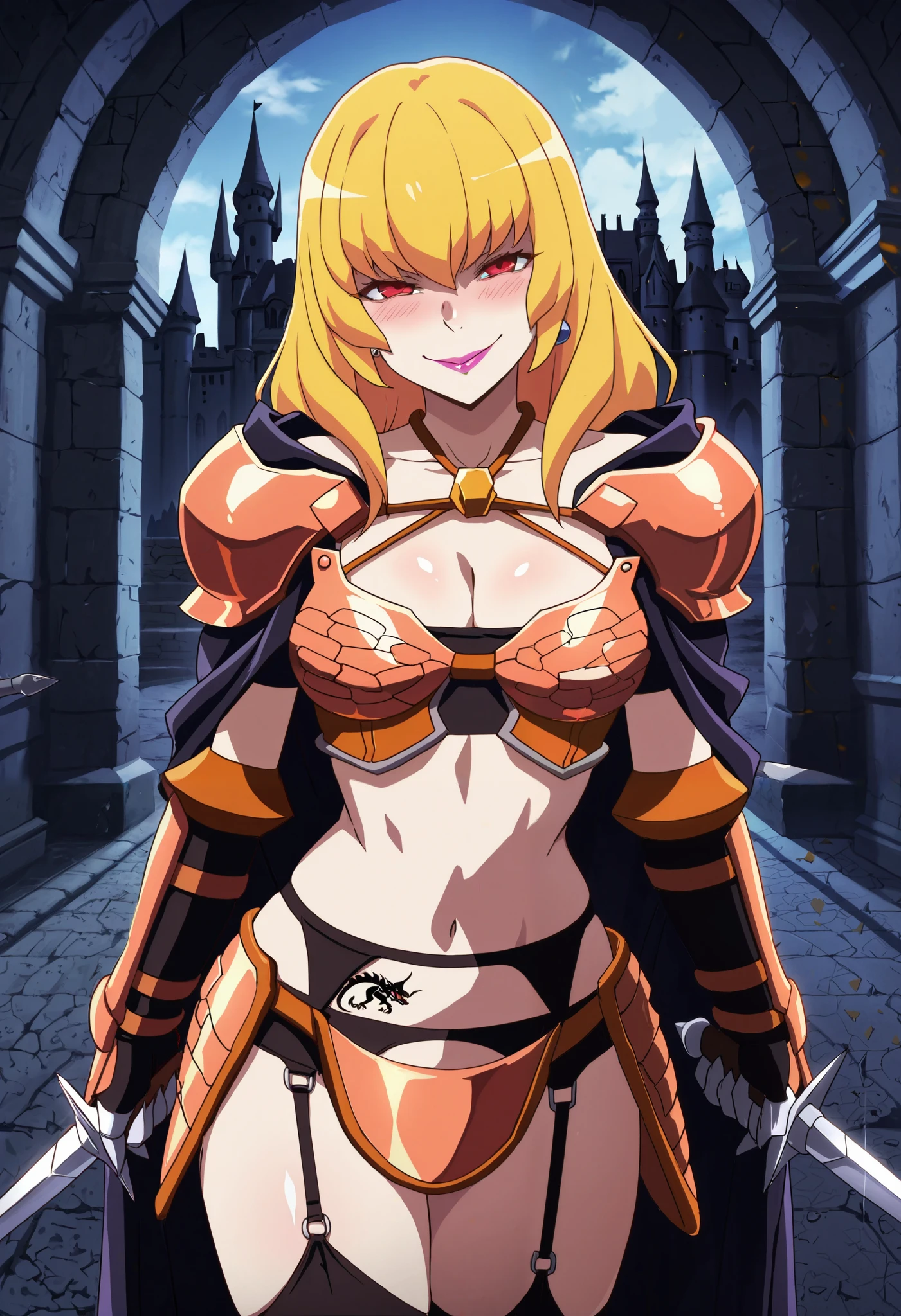 highres, solo, {carissa_toarumajutsunoindex:1.15}, blonde_hair, long_hair, blue_eyes, breasts, ponytail, 1girl, choker, anime_coloring, masterpiece, best quality, highly detailed, fantasy , a anime girls in armored dress holding a sword
posing for a picture, evil smile, smile, open mouth, breastplate with open cleavage, cleavage, warrior
outfit, ecchi anime style, anime girls, ecchi style, (nsfw) not safe for work, ecchi, digital anime art!!, in
anime style, official artwork, visual novel cg, beautiful anime girl, anime style 4 k , loincloth, exposed
belly, exposed navel, exposed midriff, exposed lower belly, pencil skirt armored, castle,inside castle, lipstick,open arms sideway, arms T-pose, smirk, standing, anime girl T posing