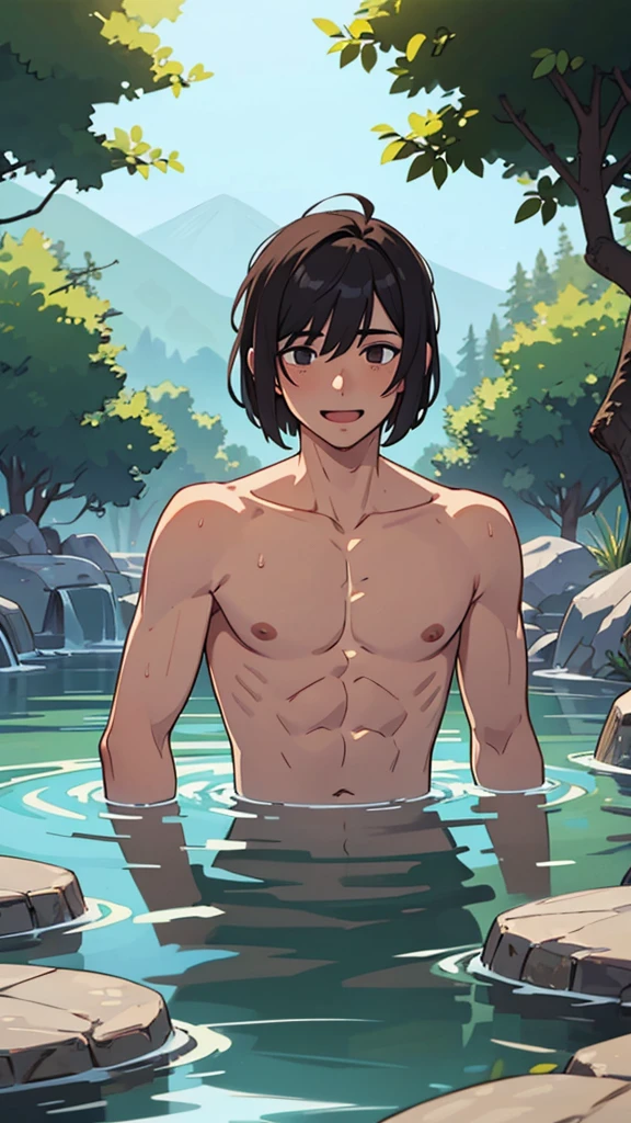 Cartoon man holding a sword standing in front of a waterfall, handsome guy, Taisho Rome, Keqing from genshin impact, Inspired by Masanobu Okumura, Anime handsome man, Tall anime man with blue eyes, Detailed fan art, Cool anime poses, male anime character, Shirtless :: High Detail, Very detailed and beautiful fan art