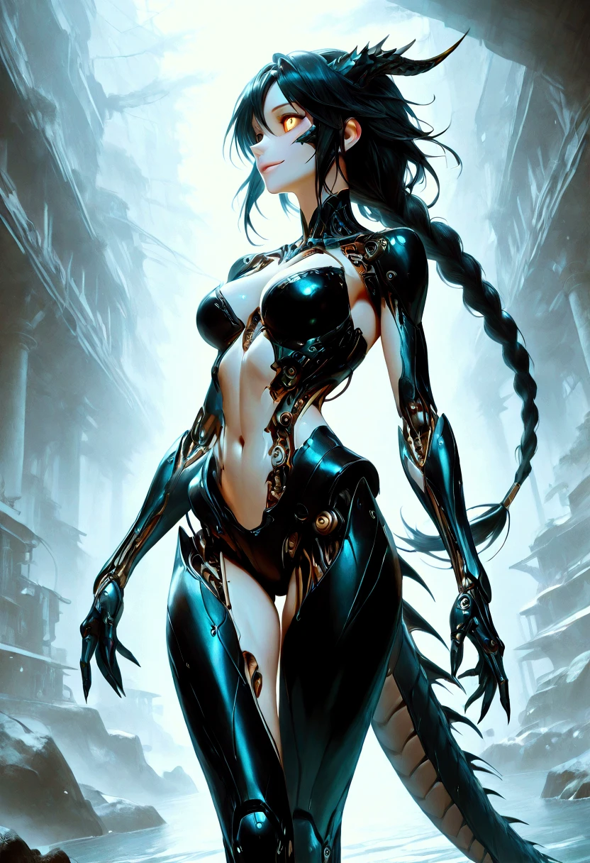 A cybernetically enhanced gothic alien girl, a masterpiece of mechanical horror looms in the shadows. This eerie creature is depicted in a hyper-realistic oil painting, capturing every intricate detail in stunning clarity. Its metallic fins glimmer with neon lights, contrasting starkly against its decaying scales. The background is a dark, polluted cityscape, adding to the ominous atmosphere of the image. The overall quality of the painting is so lifelike that it feels as if the alien could leap out of the canvas at any moment.