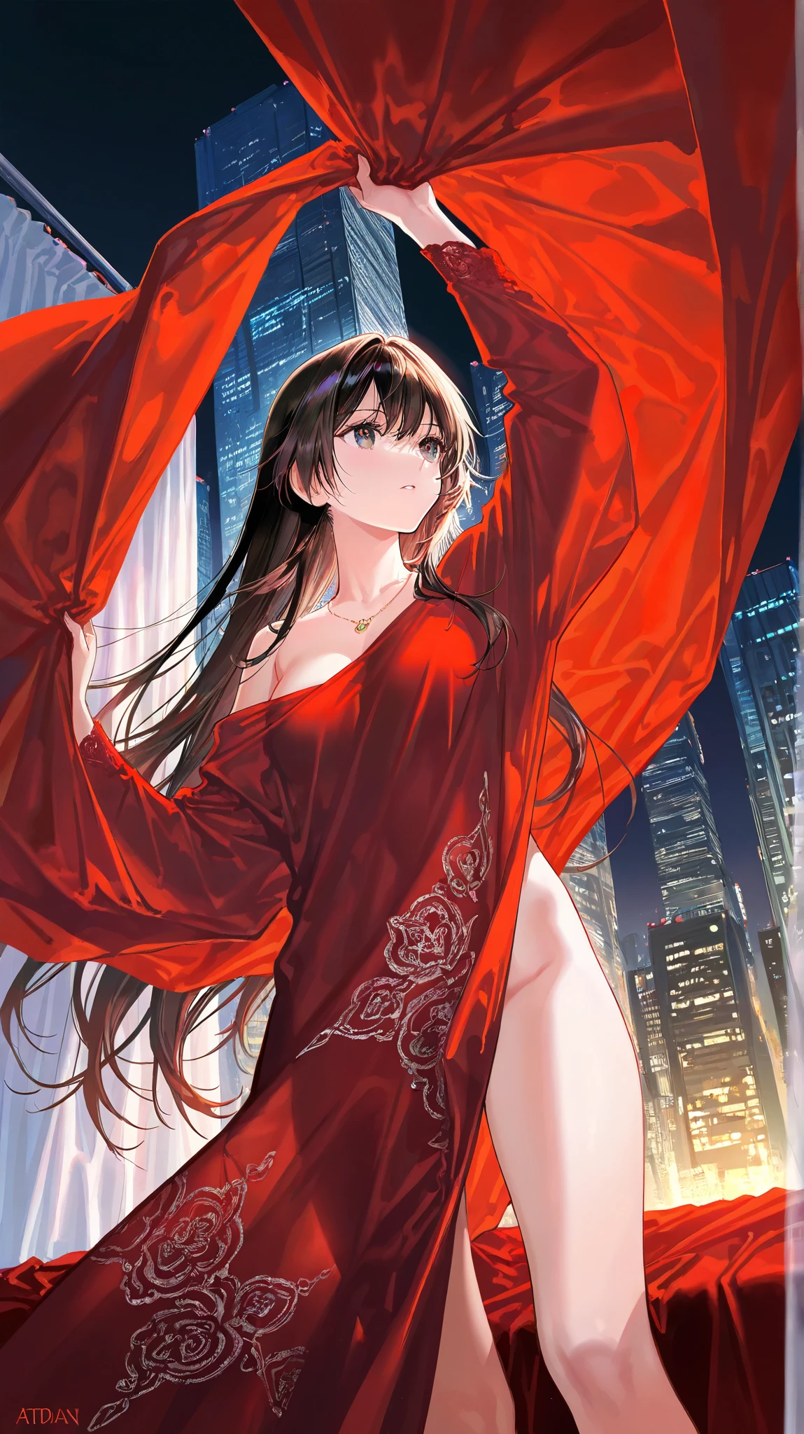 ((masutepiece, Best Quality, hight resolution, nffsw, Perfect Pixel, 4K, nffsw, nffsw))), 1girl in, Single, Solo, Beautie、full body seen、 ((Medium length wavy hair, Bangs, Brown hair)), ((Brown-eyed, Beautiful eyelashes, Realistic eyes)), ((Detailed face, Blushing:1.2)), ((Smooth texture:0.75, Realistic texture:0.65, Photorealistic:1.1, Anime CG style)), medium breasts, Dynamic Angle, Perfect body, (Santa Claus Costume、Red knitted hat、Red off-the-shoulder sweater、Long flared skirt、no-bra)), Christmas Lights、Lying in a hotel bed、Very embarrassing panic smile、Open your mouth and make a surprised face、 turned around、bending forward、(The wind flipped my skirt and exposed my butt...................................................、stick out your butt、Touching the buttocks with both hands、White lace panties)、