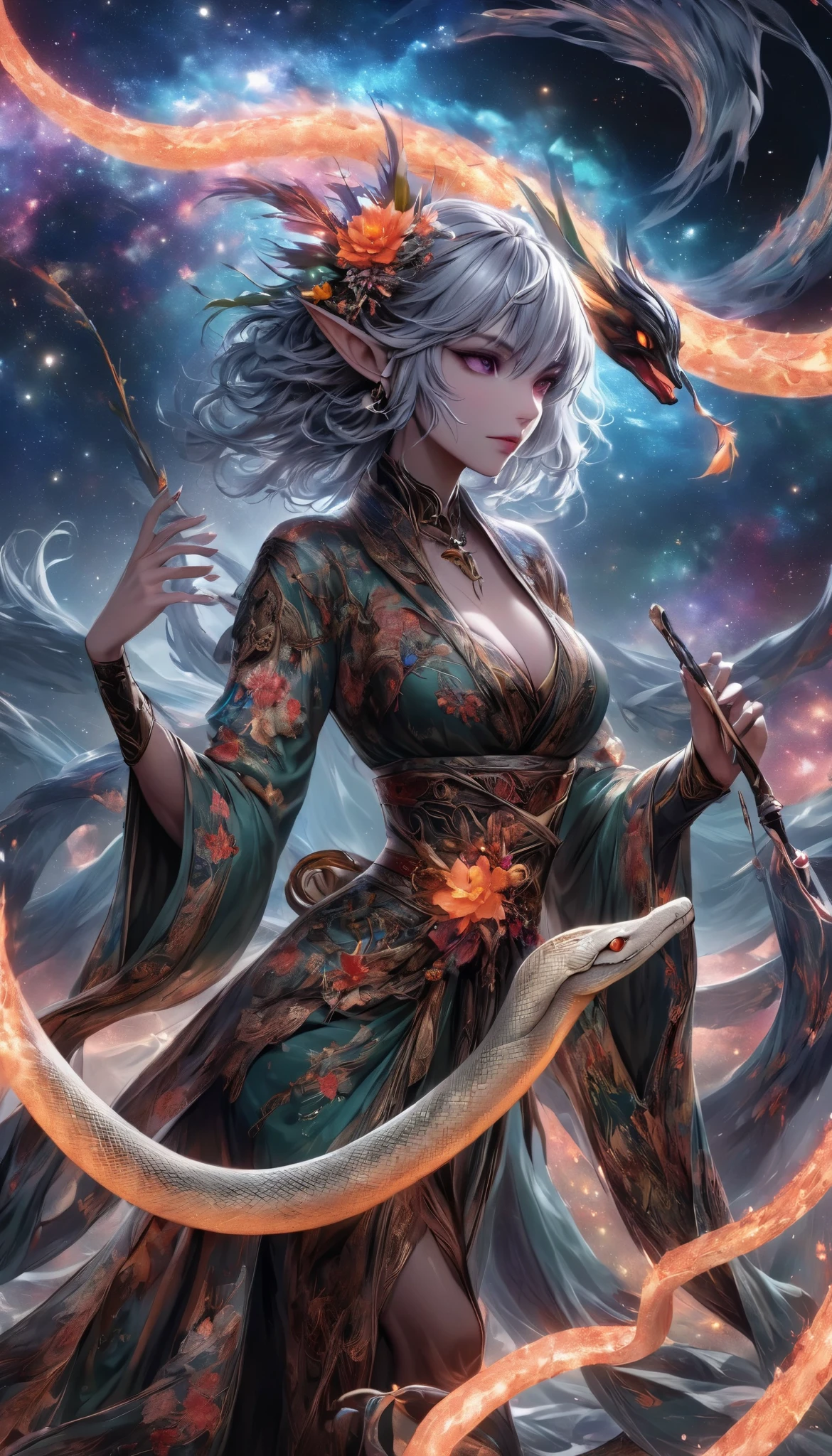 Dark Elves Control the Aesthetic Galaxy, Cosmos gather and are reminiscent of beautiful snakes , Make the image of a serpent with no substance , Art depicting galactic regeneration with the theme of revival, BREAK Please make the image of a serpent without substance even stronger, Storytelling about the Year of the Snake , spirit of the wind