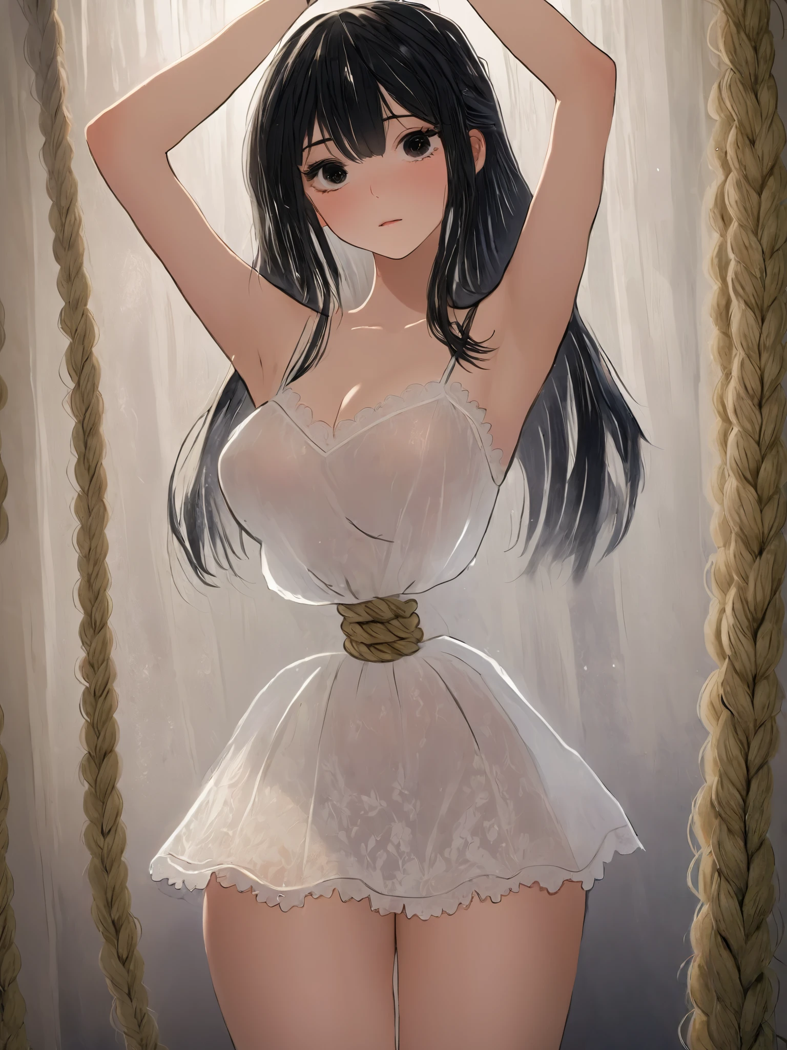 ((anime style ))),(( masterpiece )), (( top quality)), (super detailed ),torture chamber,((( hemp rope tightly tightning around her waist))), cute girl, 1 girl,white shiny lace slip dress ,beautiful black hair,( beautiful black eyes),long hair,expression of pain  