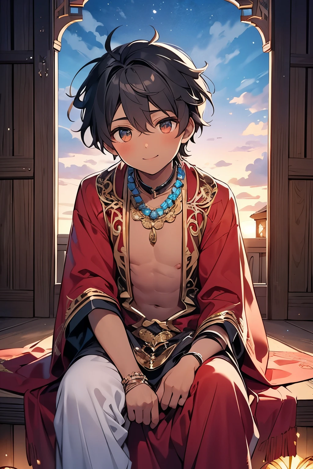 Masterpiece, top quality, ((1-boy :1.2)),((handsome Gay:1.0)),Arabian Nights,Tales of One Thousand and One Nights,(crouching:1.0),((dark skin body:1.2)),(looking viewer:1.0), with a kind smile,( ornate and luxurious western decorations :1.0),(Many bloom:1.0), sitting with your head on your lap,((Arab clothes :0.8)),