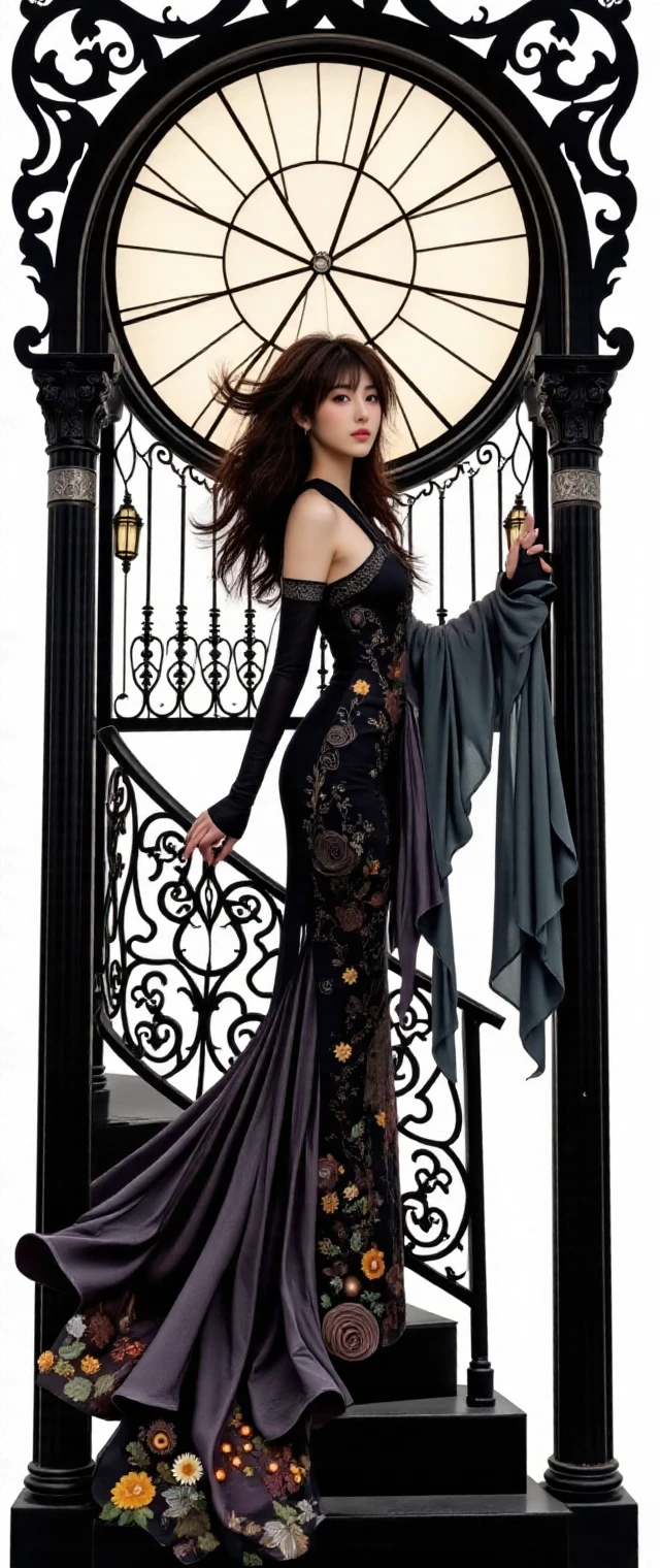 Arafed woman in a long dress standing in front of a clock - SeaArt AI