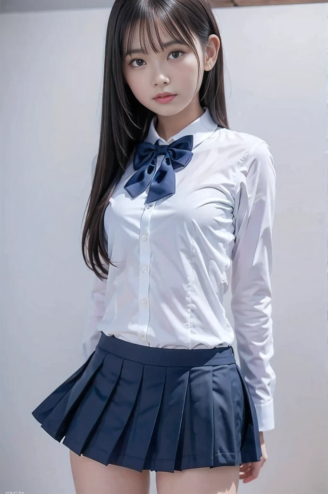 nsfw, (4K quality, high resolution, best quality, high quality model, masterpiece), (symmetrical, centered drawing), (promotional photo, white simple background, head to thigh, symmetrical, subjective, front view), ((one girl, arms behind back)), (dark hair, , cute, small face, Asian beautiful girl), (schoolgir tie, white dress shirt, navy blue pleated miniskirt)