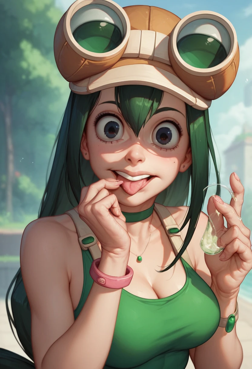 (masterpiece, best quality, highres:1.2), 1girl, Asui Tsuyu, Green Bodysuit, Goggles, Low-Tied Long Hair, Hair Rings, White Gloves, :P, kneeling on the ground, open mouth, cum in mouth , cum on tongue, tongue out, cum, cum on face <lora:tsuyuAsuiHeroLora72mb_v1:0.8> <lora:murkysCumOnTongue_1:0.75>