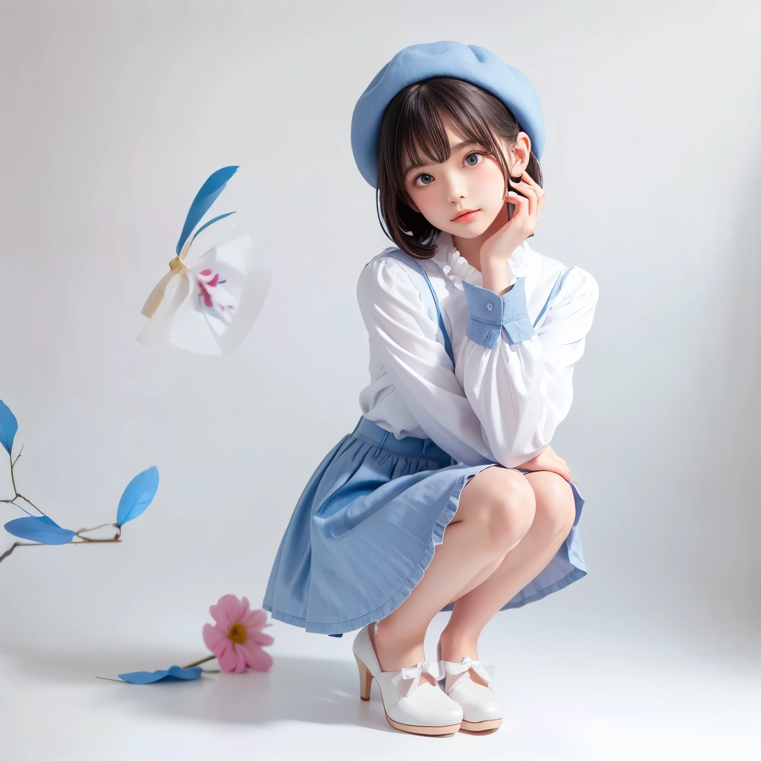 Detailed face, Cute face, Uekura, One Girl, Blonde, White Background, have, dress, Blue footwear, wing, Simple Background, sign, flower, Manicure, Wide sleeves, Long sleeve, blush, animal, white flower, alone, whole body, bird, Show Viewer, High heels, Put your hand on your cheek, Put your hands on your face, Frills, bow, bangs, ribbon, Bell, Blue Hat, +_+, shoes, short hair, Grey Eyes, shoes, Blue Claws, feathered wing, blue bow
