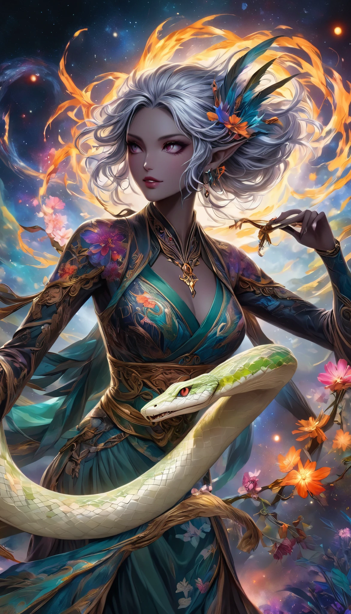 Dark Elves Control the Aesthetic Galaxy, Cosmos gather and are reminiscent of beautiful snakes , Make the image of a serpent with no substance , Art depicting galactic regeneration with the theme of revival, BREAK Please make the image of a serpent without substance even stronger, Storytelling about the Year of the Snake , spirit of the wind